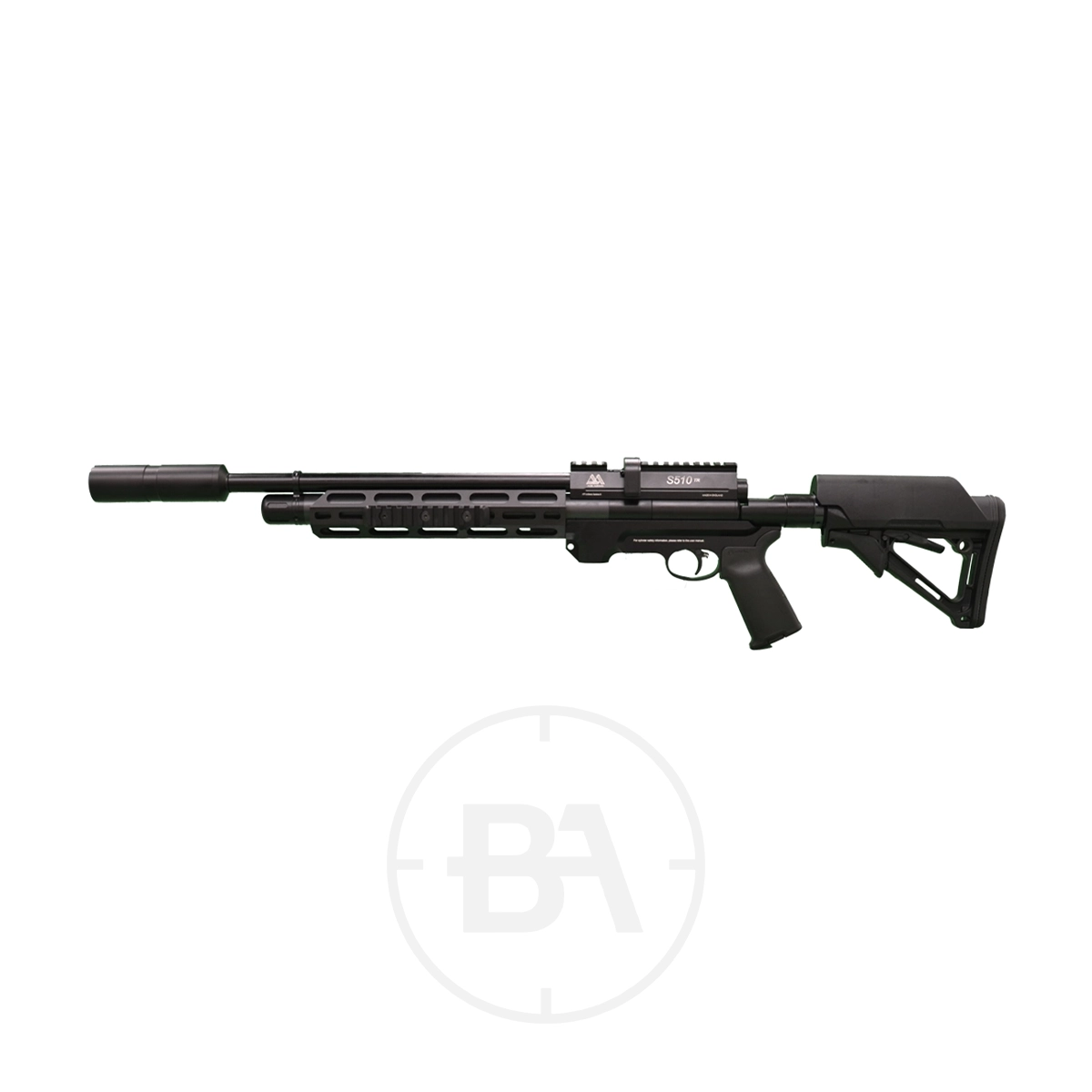 Air Arms S510 Tactical Regulated PCP Air Rifle 3 A black Air Arms S510 Tactical Regulated PCP Air Rifle with a scope mount, suppressor, and adjustable stock is displayed against a white background.