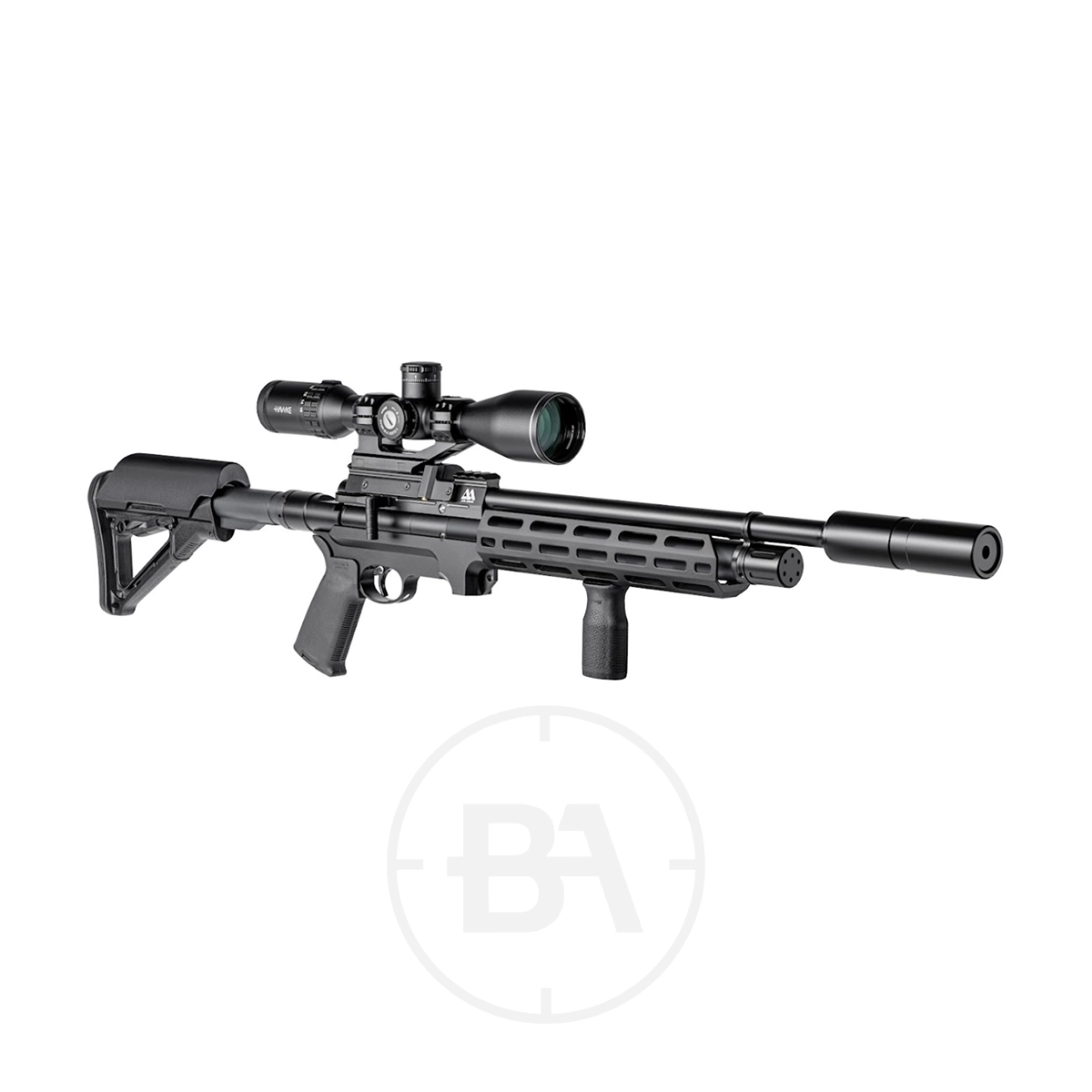 Air Arms S510 Tactical Regulated PCP Air Rifle 7 The Air Arms S510 Tactical Regulated PCP Air Rifle, a modern black air rifle with scope, adjustable stock, and suppressor attachment, is shown against a white background.