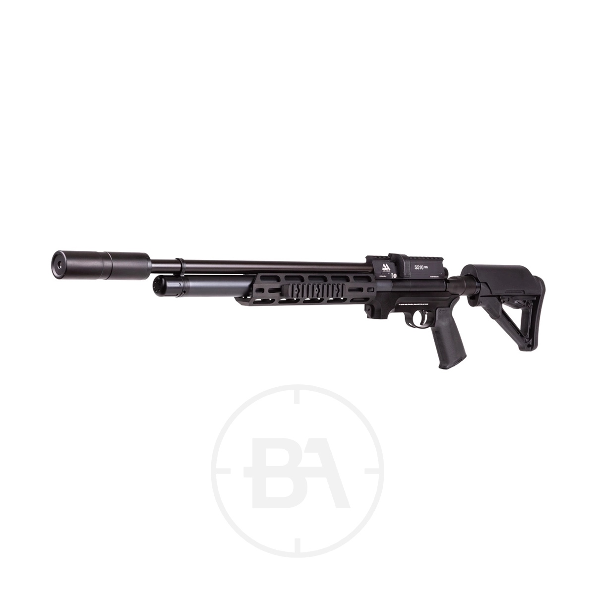 Air Arms S510 Tactical Regulated PCP Air Rifle 5 Air Arms S510 Tactical Regulated PCP Air Rifle with suppressor, adjustable stock, and scope rail, shown on a white background.