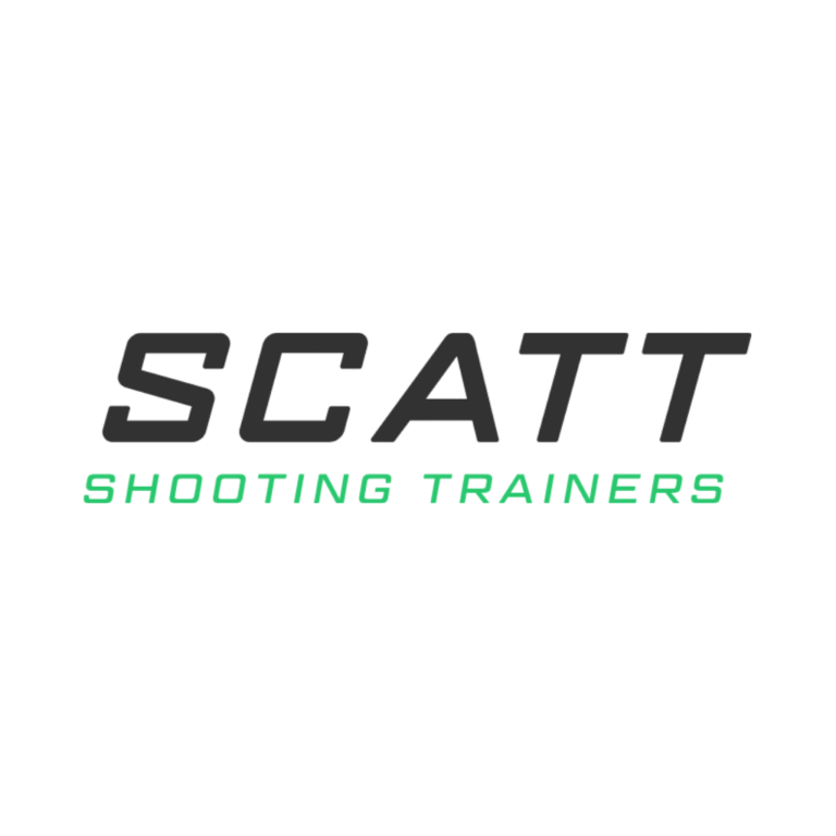 SCATT Shooting Trainers logo with "SCATT" in bold black letters and "SHOOTING TRAINERS" in smaller green text below, on a white background.