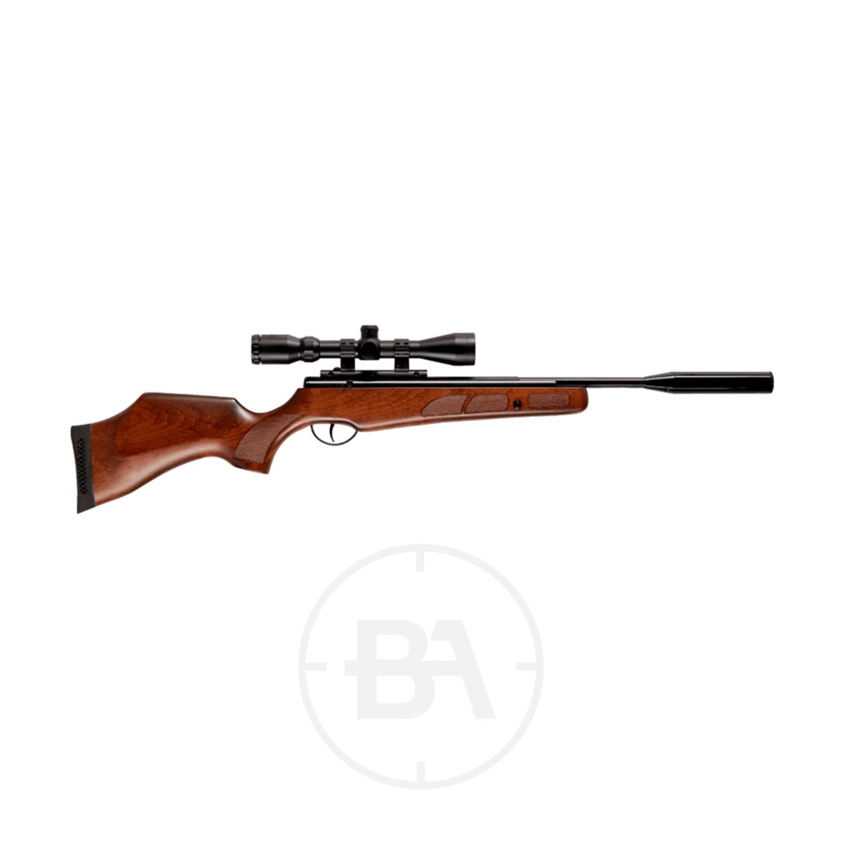 BSA Lightning SE Spring Air Rifle 1 The BSA Lightning SE Spring Air Rifle is shown with a mounted scope and silencer on a white background.