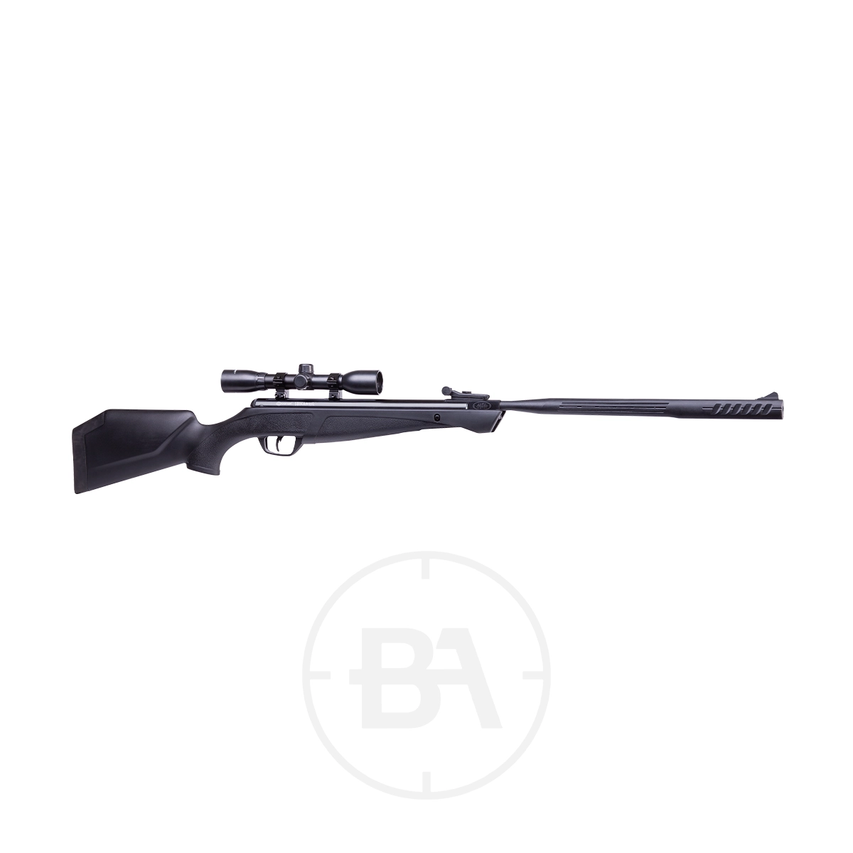 Crosman Shockwave Nitro Piston Air Rifle With Scope 1 The Crosman Shockwave Nitro Piston Air Rifle With Scope is shown in black from a side view against a plain white background.