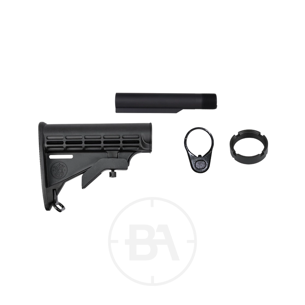 Smith & Wesson AR Tactical Stock Upgrade 1 Smith & Wesson Dreamline Tactical Stock Parts Upgrade kit in black, featuring an adjustable rifle stock, buffer tube, end plate, and locking ring—all shown separately on a white background.