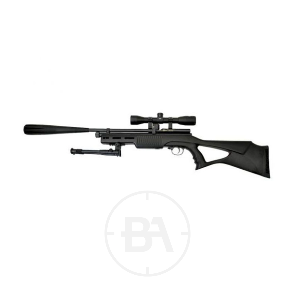 SMK Tactical SYNXS78 C02 Air Rifle Package 3 The SMK Tactical SYNXS78 C02 Air Rifle Package, featuring a black rifle with scope, bipod, and suppressor attachment, is displayed on a white background.