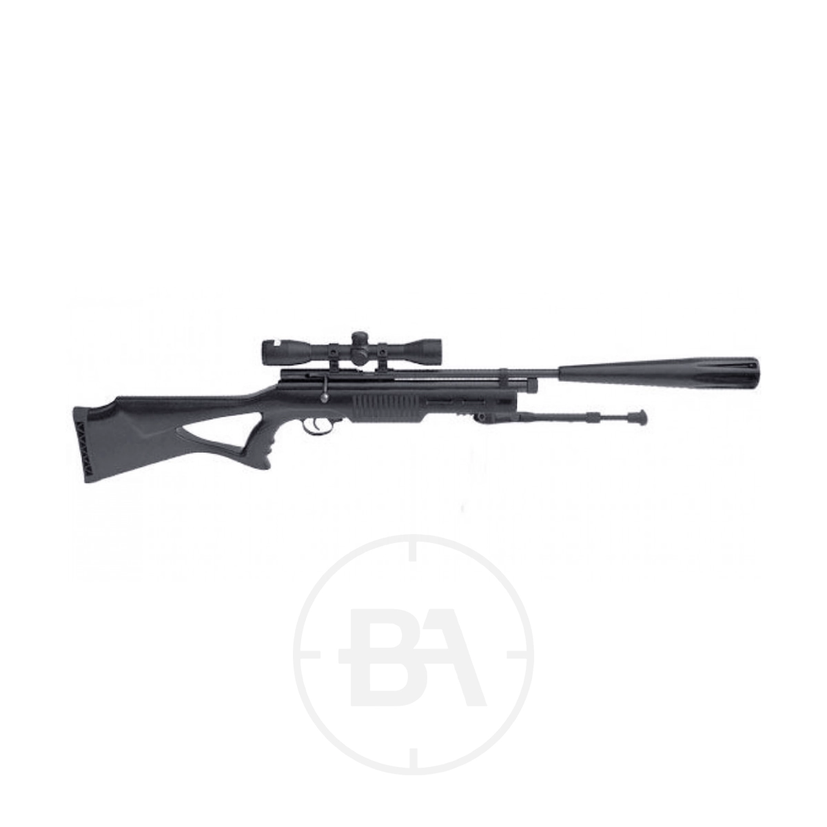 SMK Tactical SYNXS78 C02 Air Rifle Package 1 The SMK Tactical SYNXS78 C02 Air Rifle Package in black, featuring a scope and suppressor attachment, is displayed in side profile on a white background.