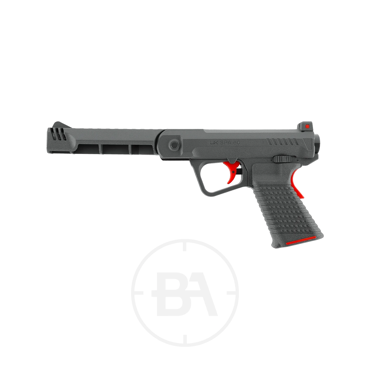 Umarex UX SPA 60 Spring Pistol 1 A black and red Umarex UX SPA 60 Spring Pistol with an extended barrel and vented slide, shown in profile on a white background.
