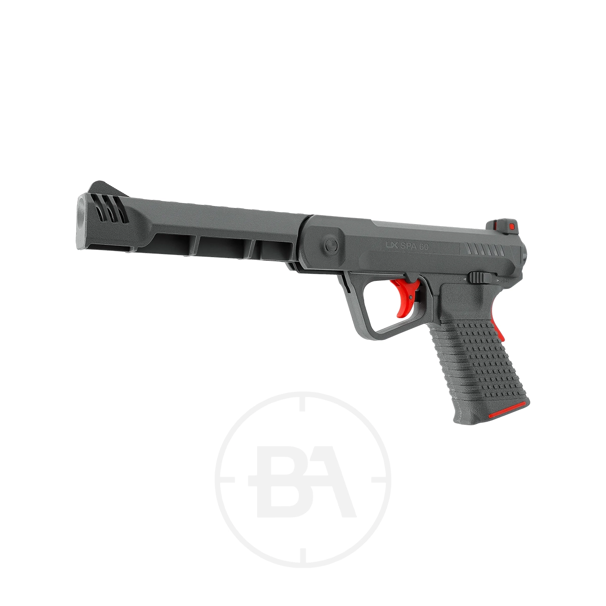 Umarex UX SPA 60 Spring Pistol 3 The Umarex UX SPA 60 Spring Pistol, featuring a gray and black finish, long barrel, red trigger, and textured grip, is shown against a white background.