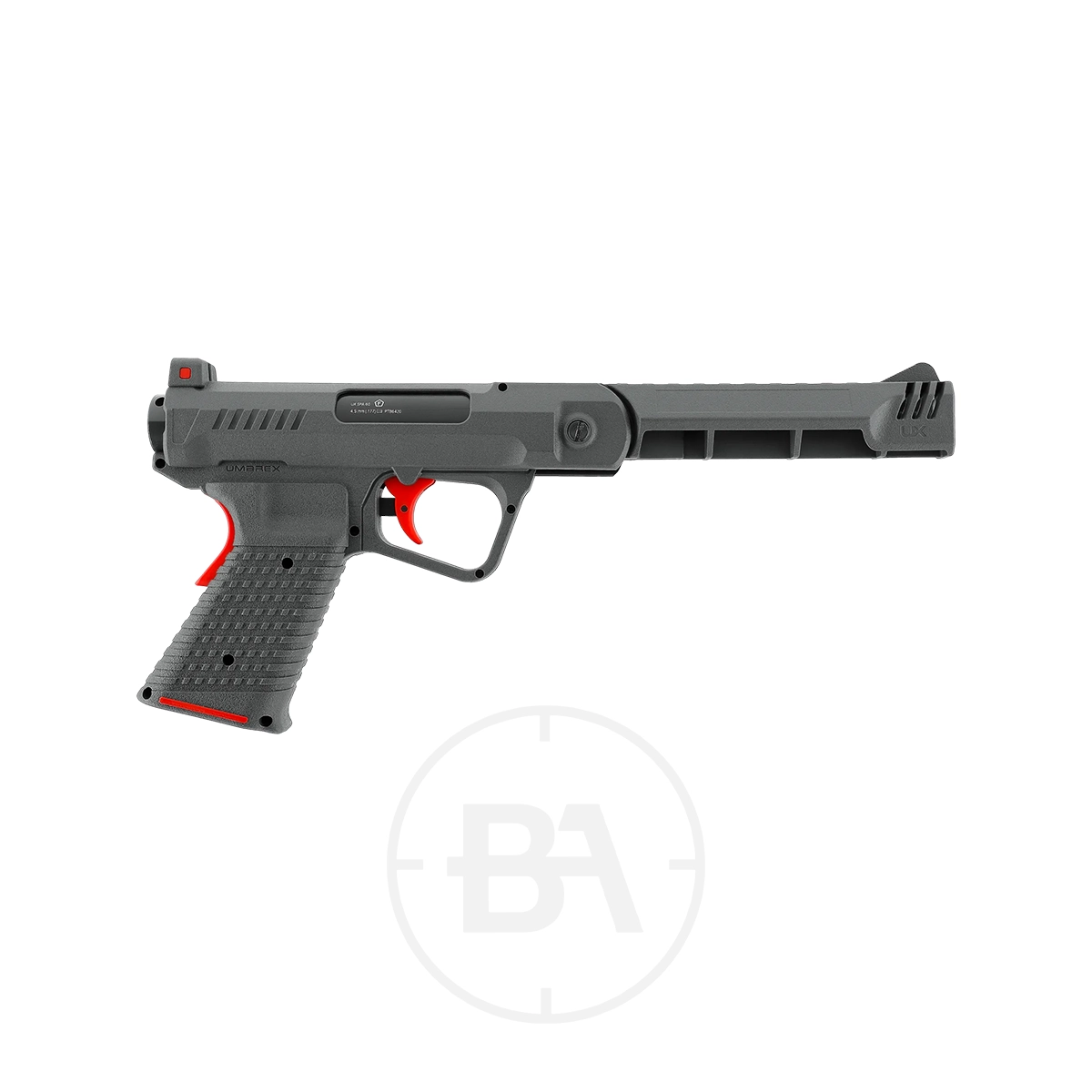Umarex UX SPA 60 Spring Pistol 5 A gray and black Umarex UX SPA 60 Spring Pistol with a textured grip and red accents is displayed on a white background.
