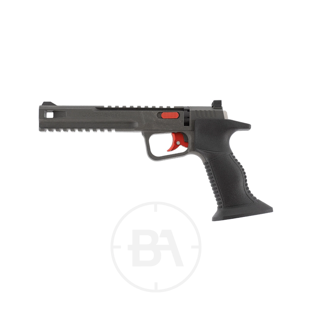 Umarex UX SPA Expert CO2 Pistol 1 The Umarex SPA Expert CO2 Pistol in black and red features a long barrel, textured grip, and visible trigger, shown against a white background.