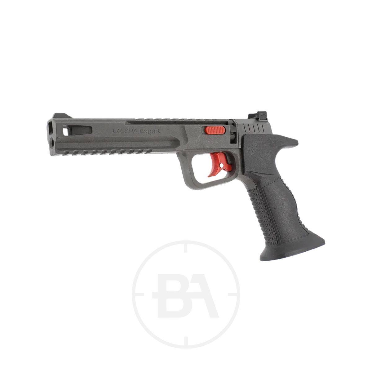 Umarex UX SPA Expert CO2 Pistol 3 The Umarex UX SPA Expert CO2 Pistol features a black and red design with a textured grip, long barrel, and visible trigger, displayed on a white background.
