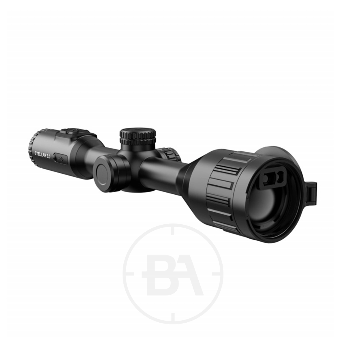 HIKMICRO Stellar 3.0 SQ50L Thermal Imaging LRF Rifle Scope 1 A black HIKMICRO Stellar 3.0 SQ50L Thermal Imaging LRF Rifle Scope with adjustment knobs and a flip-up lens cover, shown on a white background.