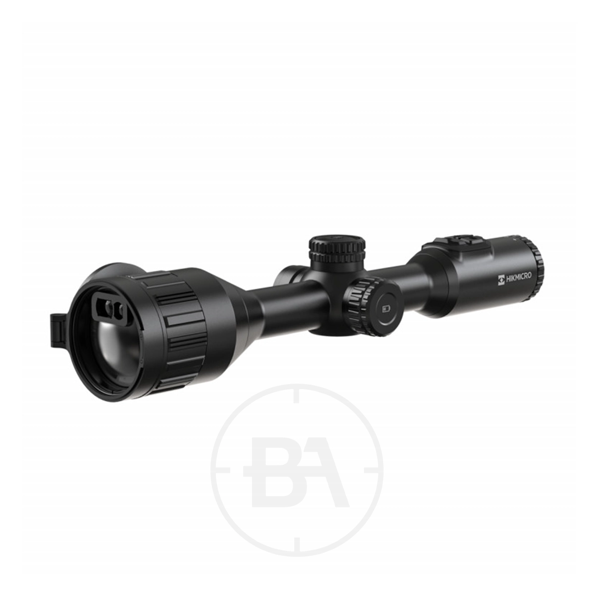 HIKMICRO Stellar 3.0 SQ50L Thermal Imaging LRF Rifle Scope 3 A black HIKMICRO Stellar 3.0 SQ50L Thermal Imaging LRF Rifle Scope with adjustment dials and a rubberized eyepiece is displayed on a white background.