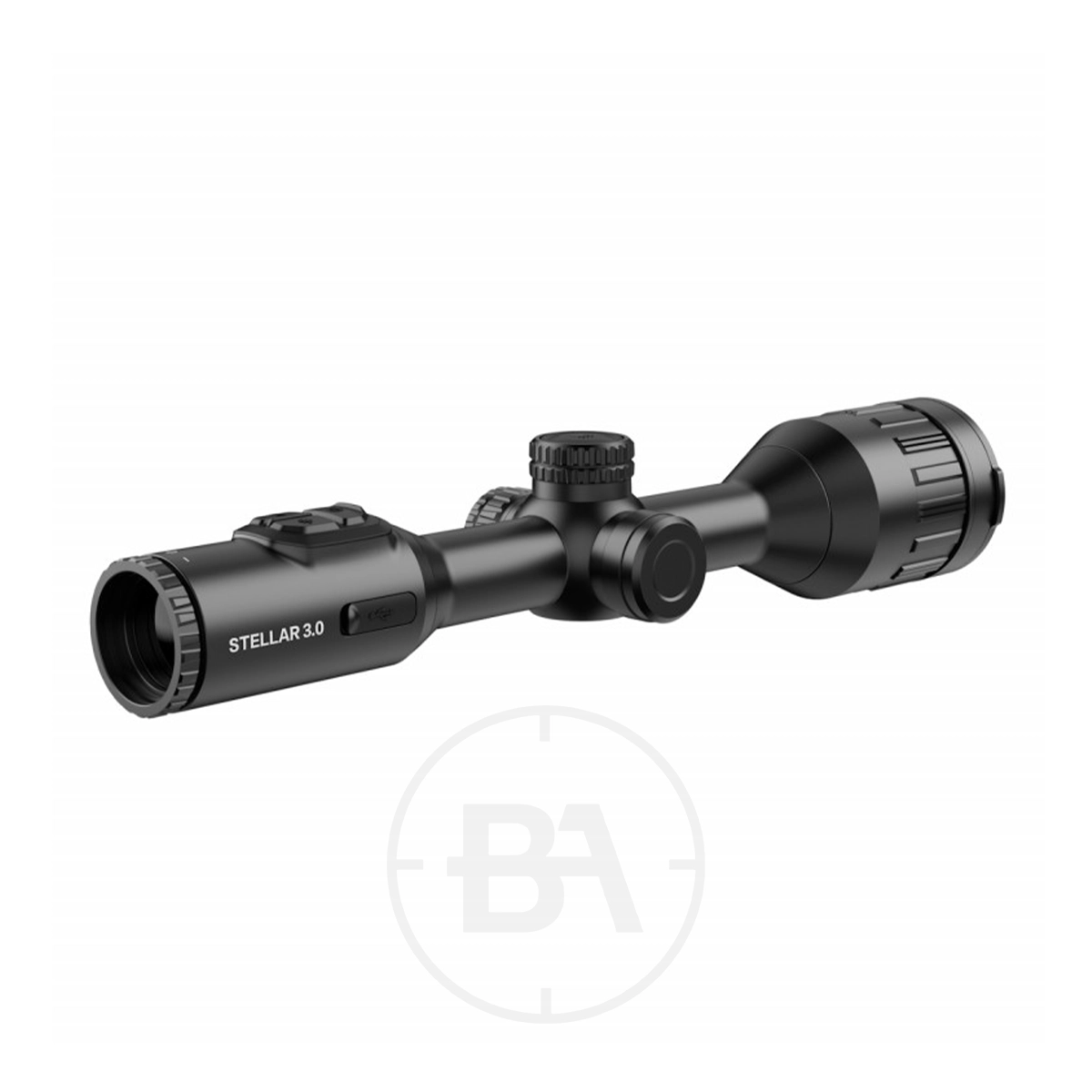 HIKMICRO Stellar 3.0 SQ50L Thermal Imaging LRF Rifle Scope 7 The HIKMICRO Stellar 3.0 SQ50L Thermal Imaging LRF Rifle Scope in black, with adjustment dials, a textured focus ring, and advanced thermal imaging features, is shown on a white background.