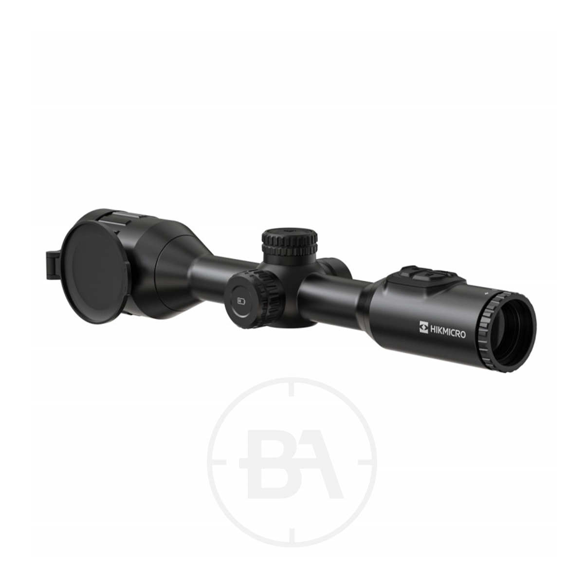 HIKMICRO Stellar 3.0 SQ50L Thermal Imaging LRF Rifle Scope 9 A black HIKMICRO Stellar 3.0 SQ50L Thermal Imaging LRF Rifle Scope with adjustment dials and lens covers, viewed at an angle on a plain white background.