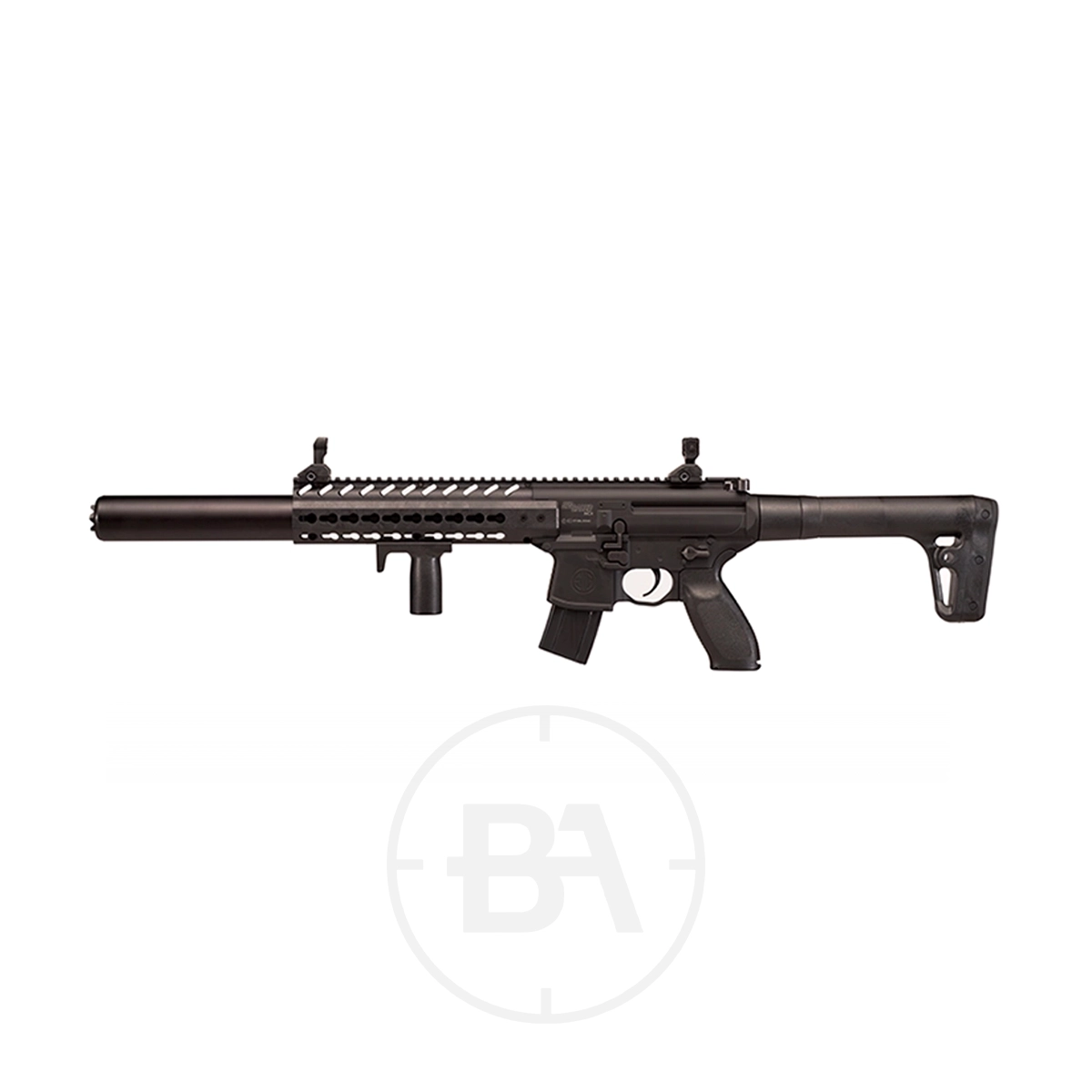 Sig Sauer MCX C02 Air Rifle 5 The Sig Sauer MCX CO2 Air Rifle is shown in side profile on a white background, featuring a black finish, long barrel, rail system, collapsible stock, and pistol grip.