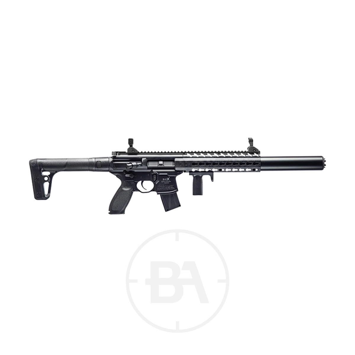 Sig Sauer MCX C02 Air Rifle 1 The Sig Sauer MCX C02 Air Rifle, shown in black with a tactical stock, pistol grip, long barrel, and rail system, is displayed in profile against a white background.