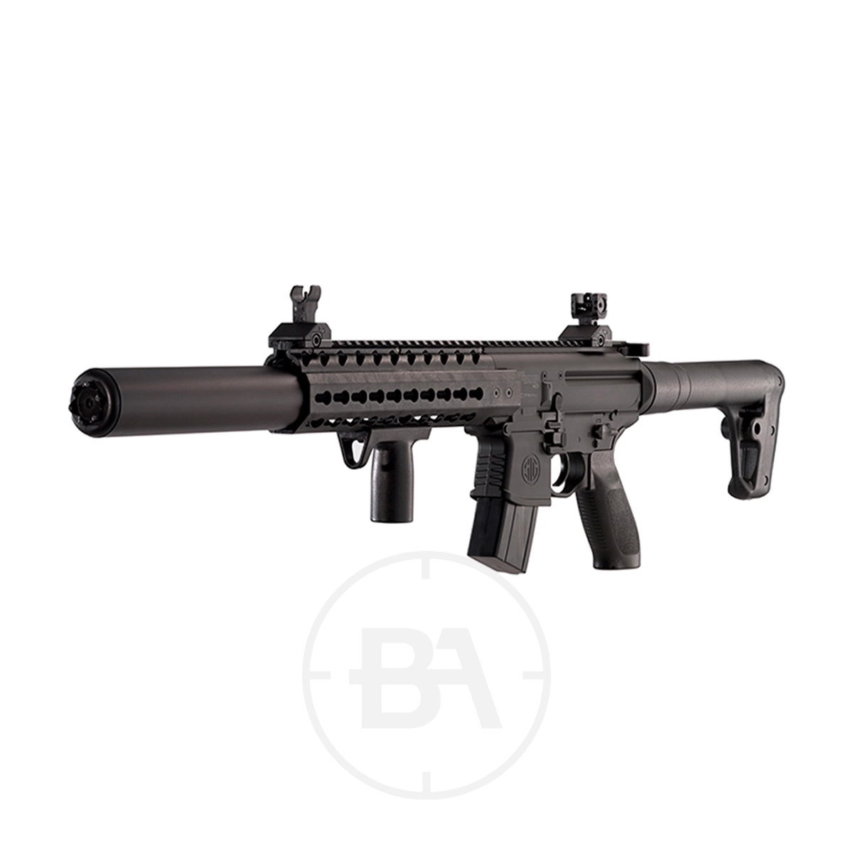 Sig Sauer MCX C02 Air Rifle 7 A black Sig Sauer MCX C02 Air Rifle with suppressor, tactical rails, iron sights, collapsible stock, and front grip is displayed on a white background.