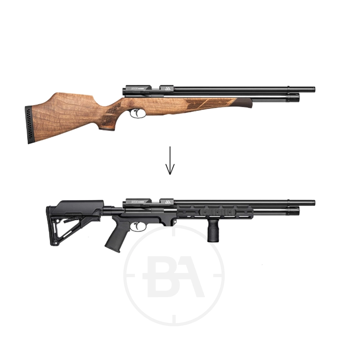 Air Arms AR Tactical Stock Assembly 3 Two rifles are shown: the top has a wooden stock; the bottom features an Air Arms AR Tactical Stock Assembly. An arrow connects them, illustrating the upgrade from wooden to tactical stock.