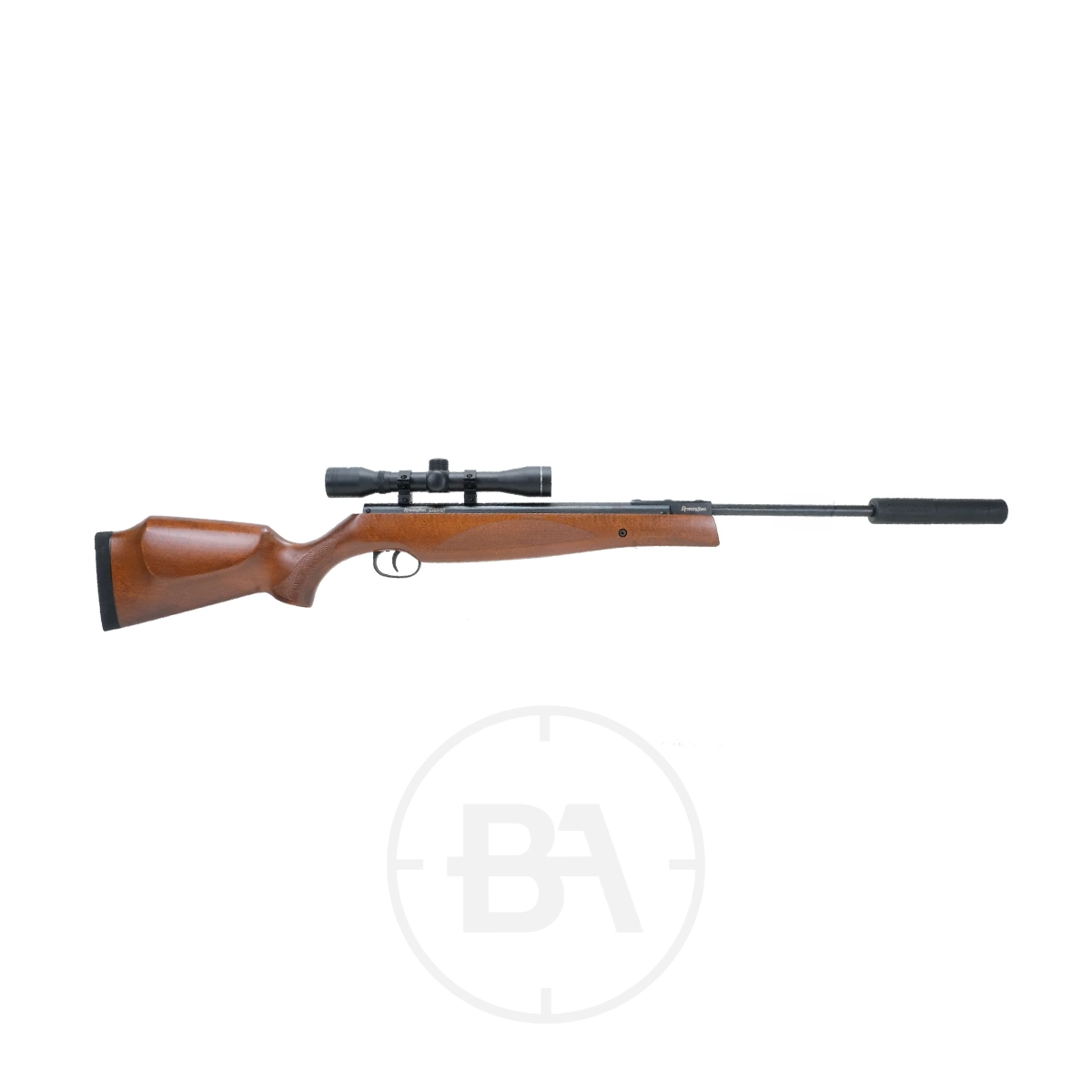 Remington Sabre Spring Air Rifle With Scope 1 The Remington Sabre Spring Air Rifle With Scope, featuring a wooden stock and suppressor, is displayed on a white background.