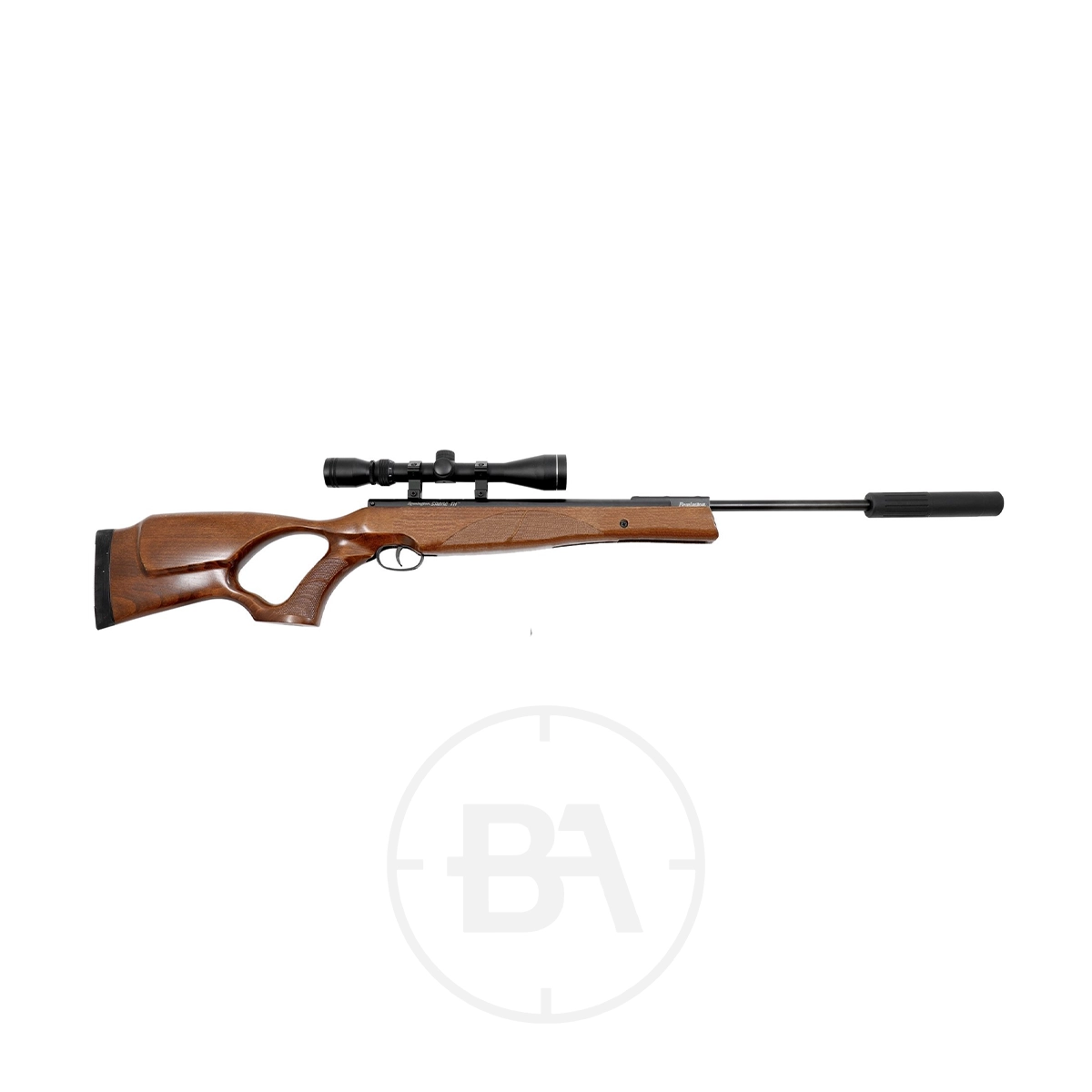 Remington Sabre TH Thumbhole Spring Air Rifle With Scope 1 The Remington Sabre TH Thumbhole Spring Air Rifle with scope is displayed on a white background, highlighting its sleek wooden stock and advanced thumbhole design.