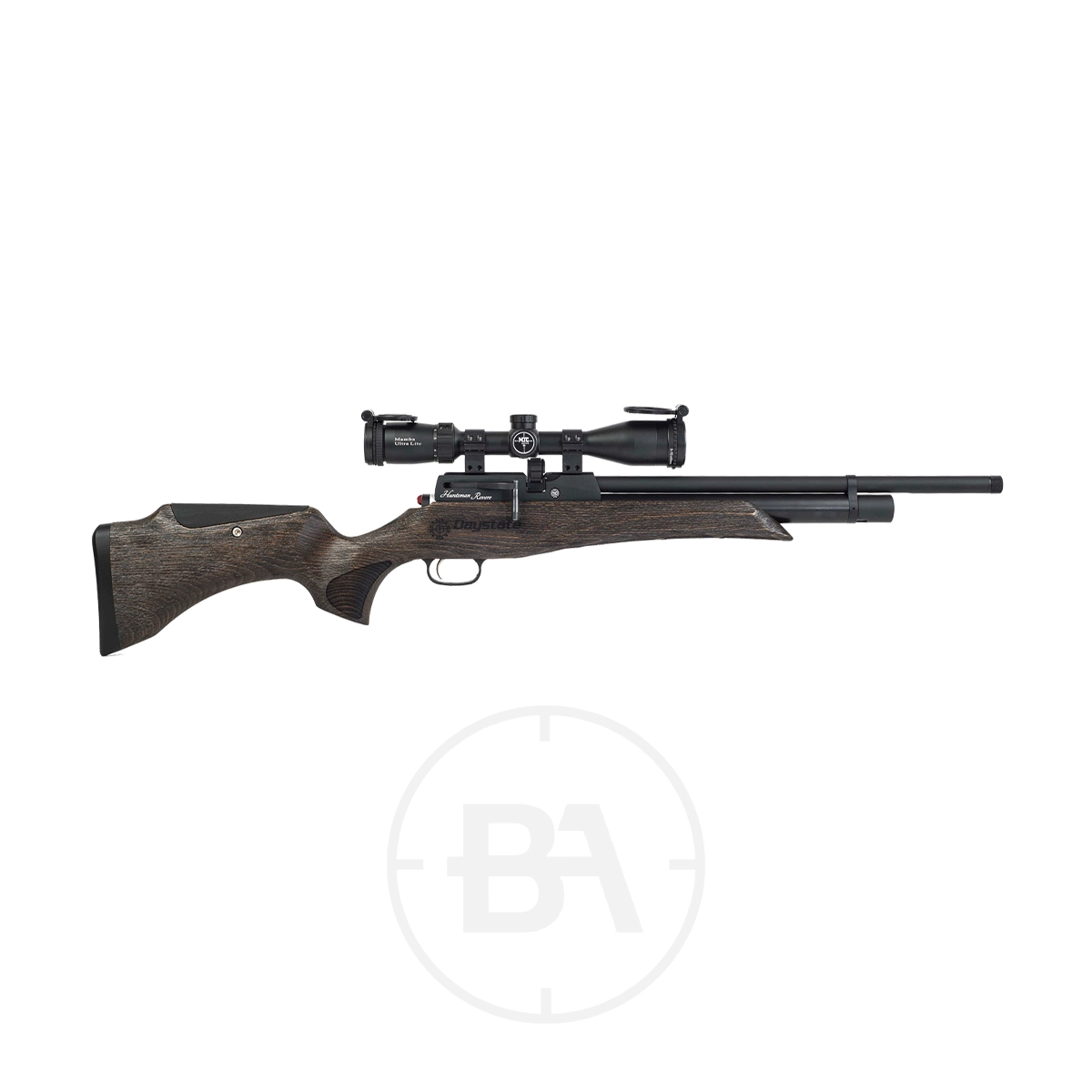 Daystate Huntsman Revere PCP Air Rifle 7 The Daystate Huntsman Revere PCP Air Rifle is shown with its classic wooden stock and scope, elegantly set against a plain white background.