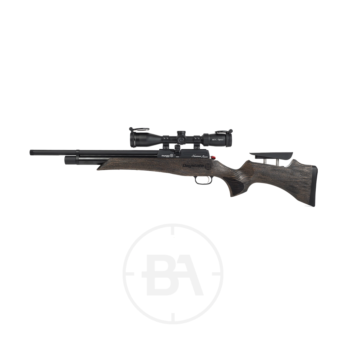 Daystate Huntsman Revere PCP Air Rifle 5 Side view of the Daystate Huntsman Revere PCP Air Rifle, featuring a mounted scope and dark wooden stock, shown on a white background.