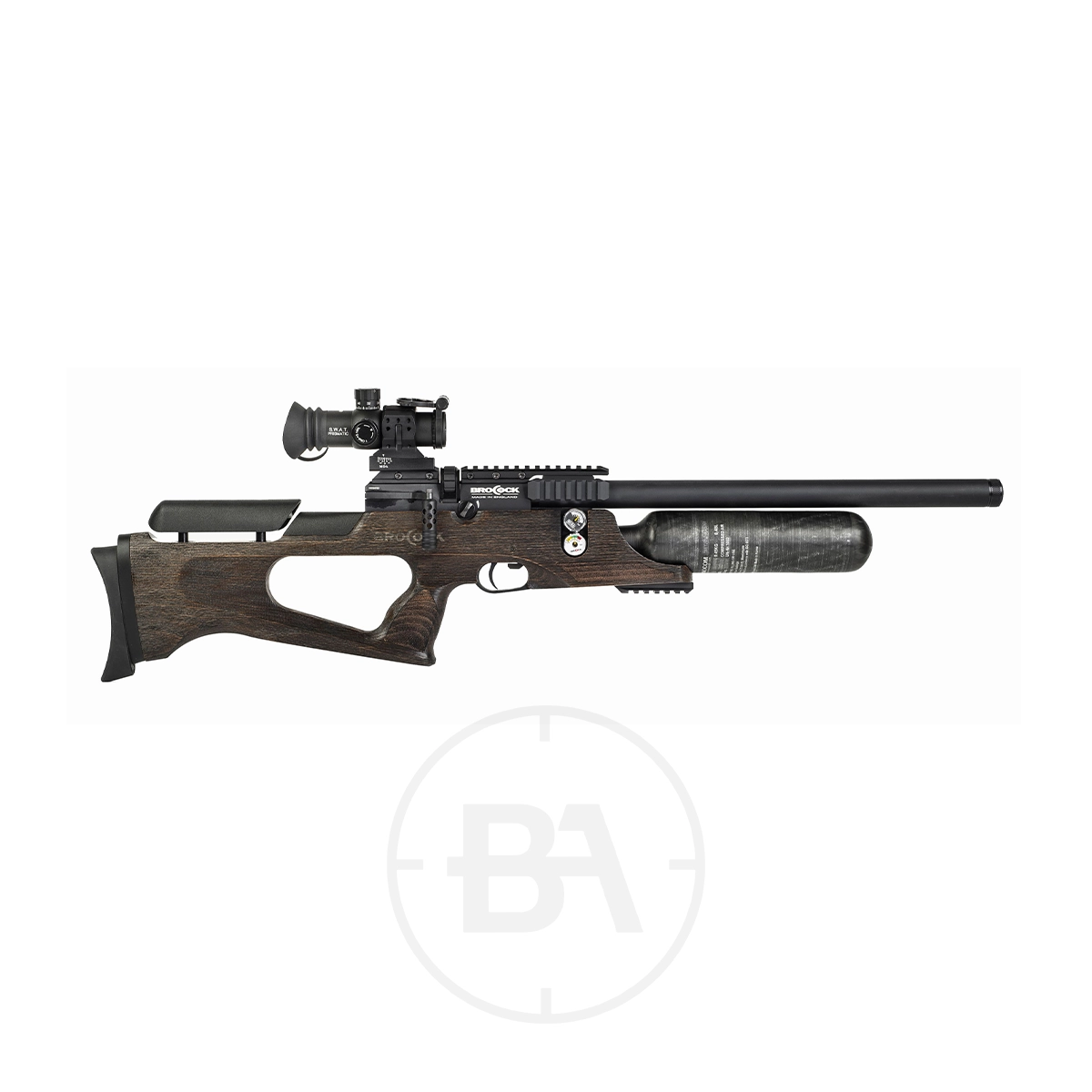 Brocock Safari XR PCP Air Rifle 1 Side view of the Brocock Safari XR PCP Air Rifle featuring a wooden stock, mounted scope, and carbon fiber air cylinder, shown against a white background.