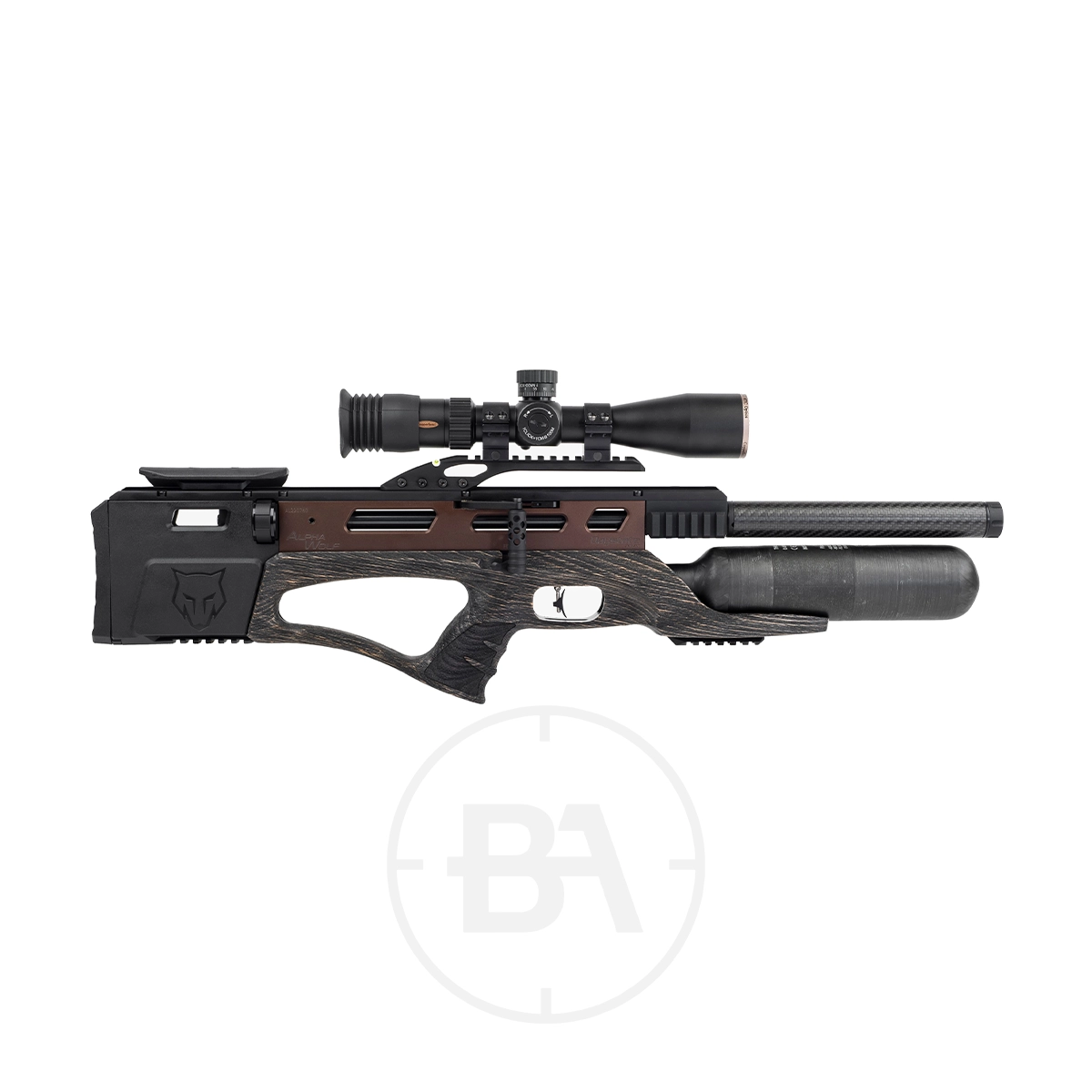 Daystate Alpha Wolf PCP Air Rifle 5 Experience the precision of the Alpha Wolf bullpup air rifle by Daystate, featuring a custom wooden stock and sleek black carbon fiber details. This PCP air rifle, complete with a mounted scope, stands out against a plain white background.