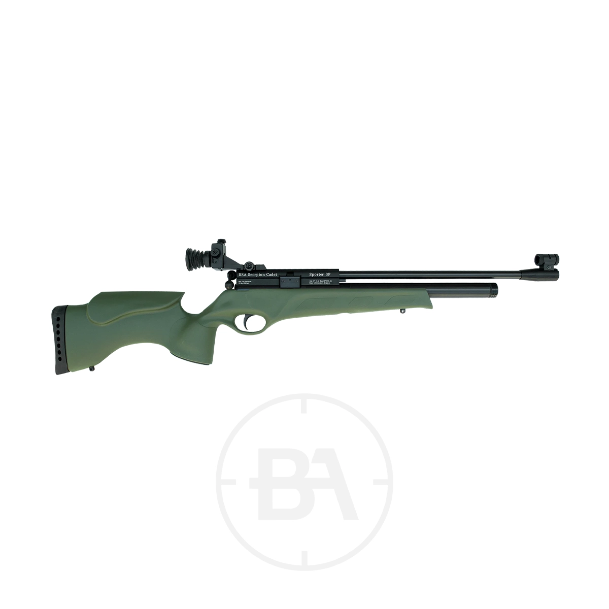 BSA Scorpion Cadet Junior Match Target Rifle 1 The BSA Scorpion Cadet Junior Match Target Rifle, featuring a green and black design with a thumbhole stock and adjustable rear sight, is shown in profile on a white background—perfect for precision shooting.