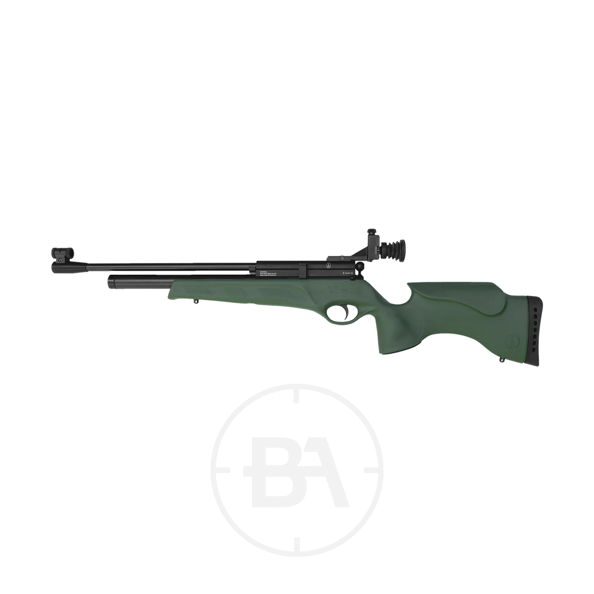 BSA Scorpion Cadet Junior Match Target Rifle 3 A side view of a green and black BSA Scorpion Cadet Junior Match Target Rifle with a thumbhole stock and adjustable sights, displayed on a plain white background.