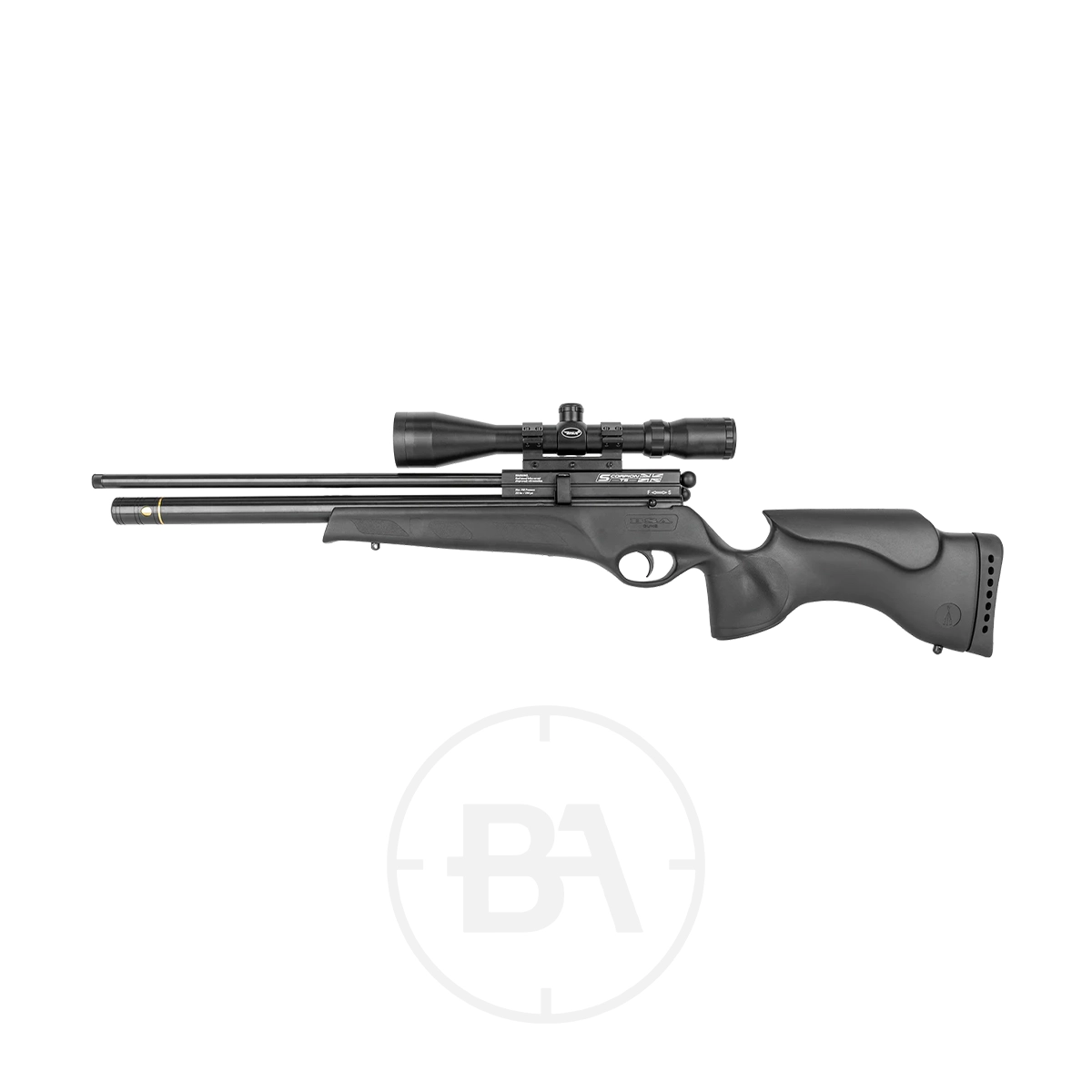 BSA Scorpion TS PCP Air Rifle 3 The BSA Scorpion TS PCP Air Rifle, featuring a long barrel, synthetic stock, and scope, is displayed on a plain white background.