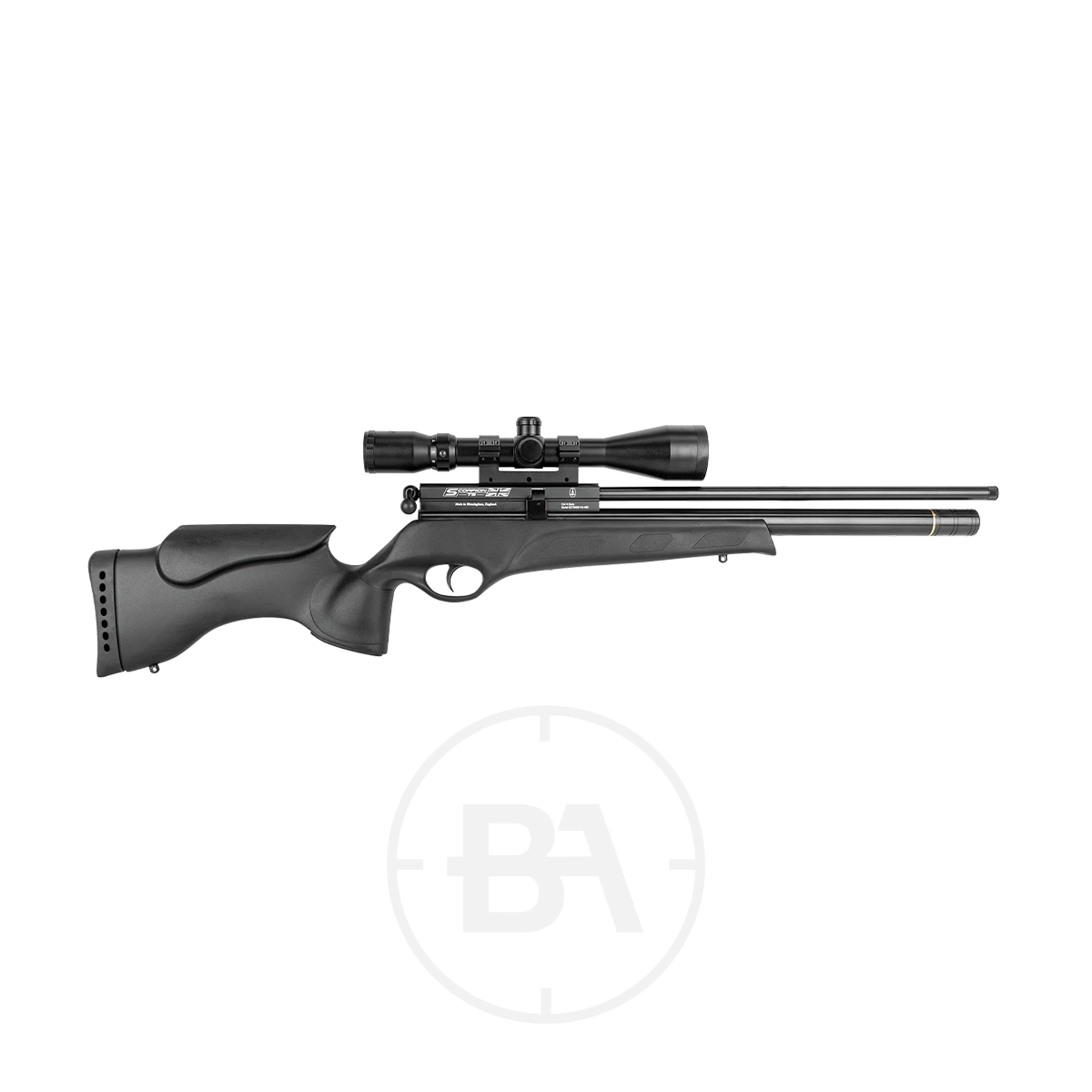 BSA Scorpion TS PCP Air Rifle 1 The BSA Scorpion TS PCP Air Rifle, featuring a black synthetic stock, long barrel, and mounted telescopic sight, is shown on a white background.