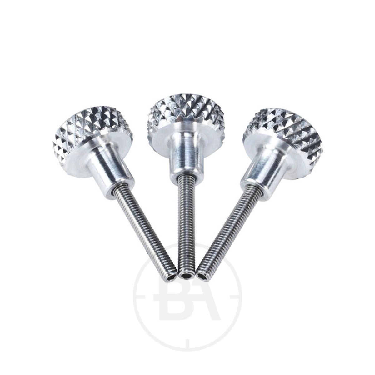 Gehmann 844-S Screw Set 'Final' 1 Three silver knurled thumb screws from the Gehmann 844-S Screw Set 'Final' stand upright in a fan-like pattern on a white background, ready to complete your assembly.