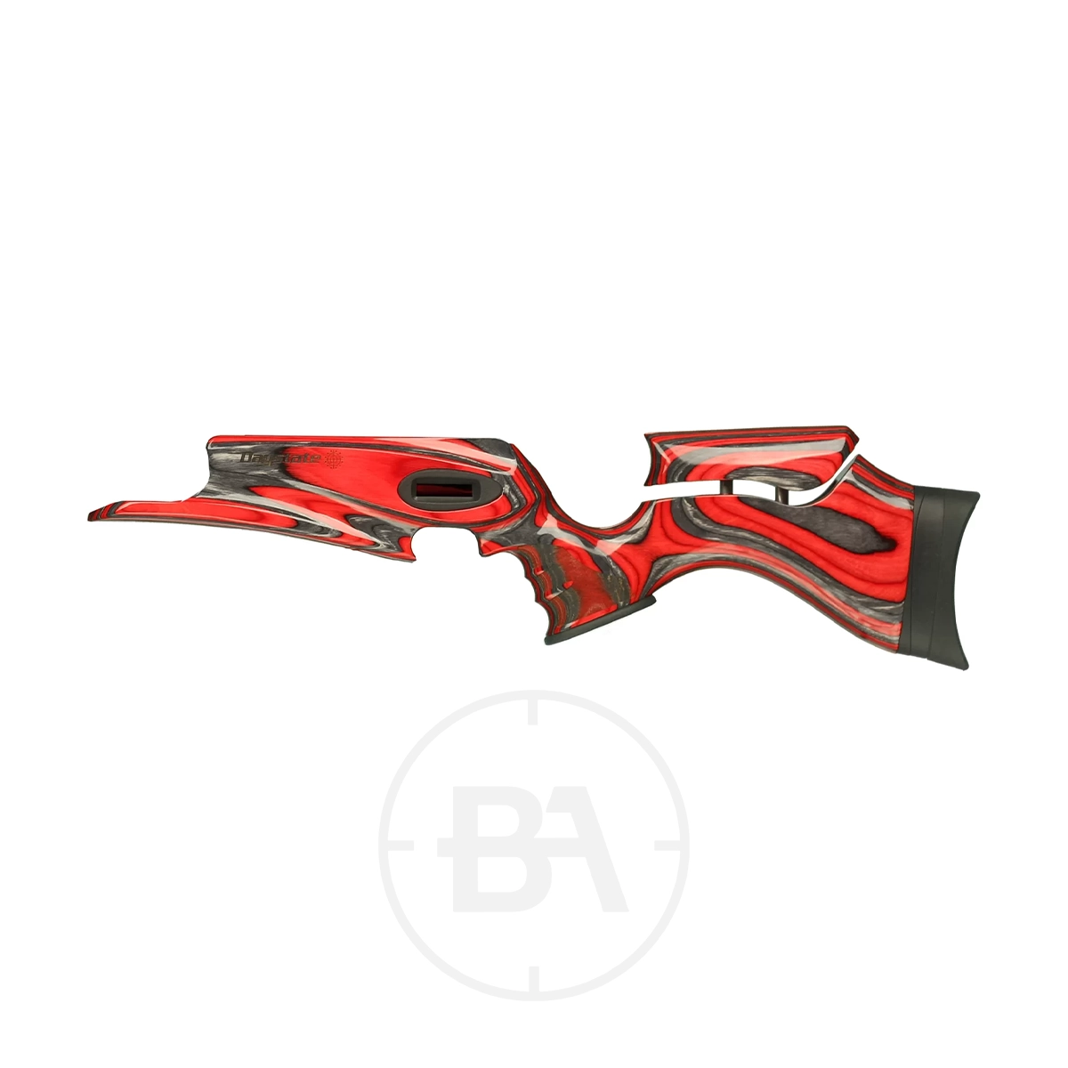 Daystate Red Wolf Serie Rosso Sporter Stock 1 The Daystate Red Wolf Serie Rosso Sporter Stock features a red, black, and grey laminate finish, ergonomic design, thumbhole grip, contoured fore-end, and adjustable cheek rest—shown on a white background.