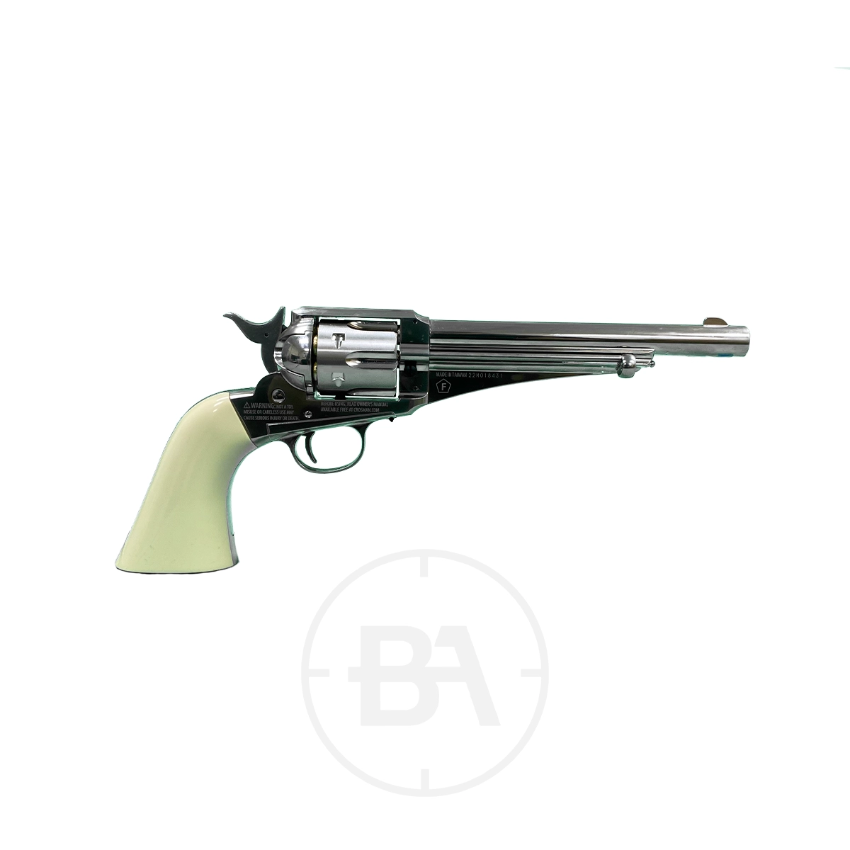 Crosman Sheridan Cowboy CO2 Pistol Dual Ammo 3 The Crosman Sheridan Cowboy CO2 Pistol Dual Ammo is a stainless steel single-action revolver with a long barrel and ivory-colored grip, displayed on a plain white background. This pistol combines classic style with versatile dual ammo capability.