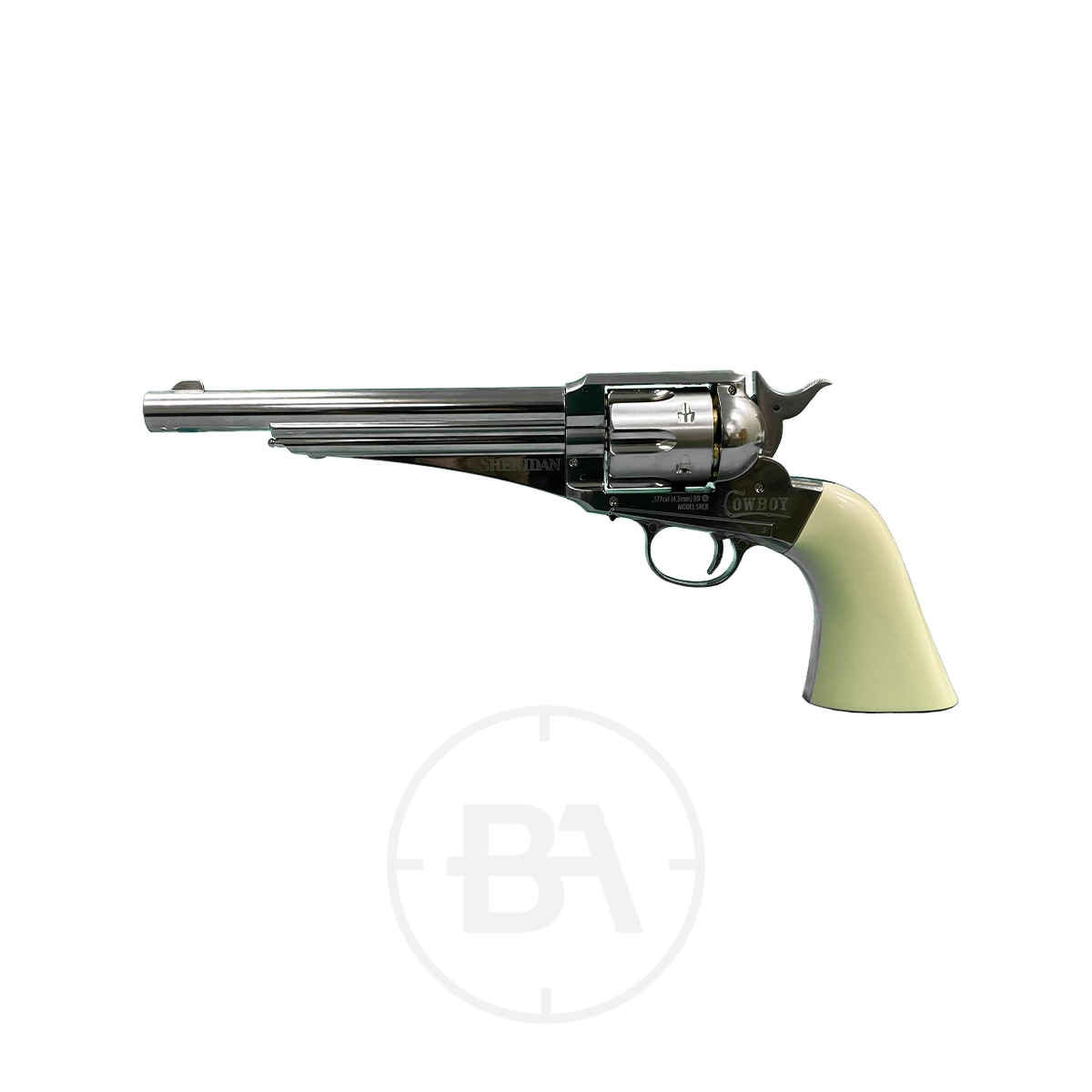 Crosman Sheridan Cowboy CO2 Pistol Dual Ammo 1 The Crosman Sheridan Cowboy CO2 Pistol Dual Ammo, featuring an ivory-colored handle and silver finish, is displayed in profile against a white background.