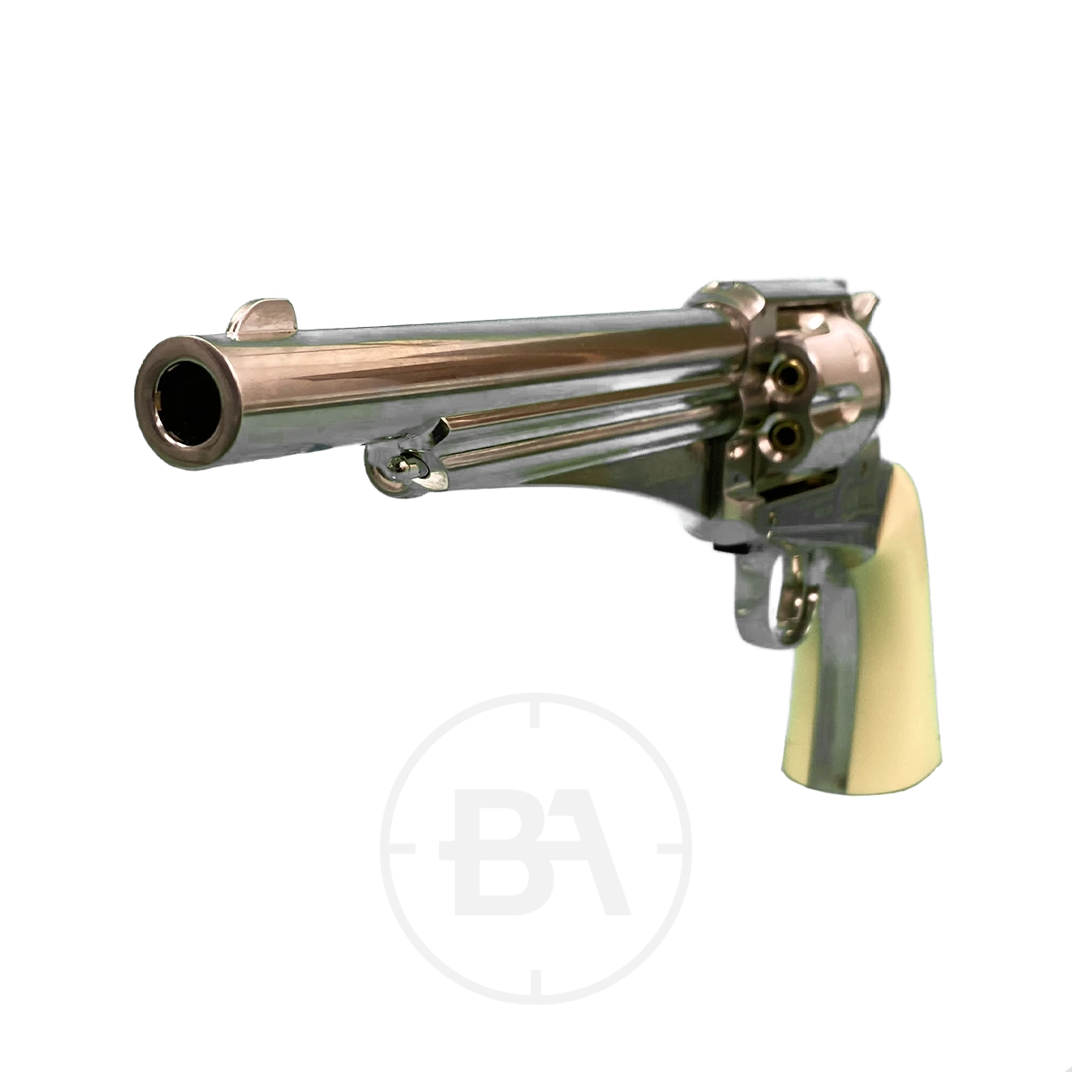 Crosman Sheridan Cowboy CO2 Pistol Dual Ammo 7 The Crosman Sheridan Cowboy CO2 Pistol Dual Ammo, a silver revolver with a long barrel and cream-colored grip, combines classic cowboy style with modern CO2 reliability—shown here against a white background.