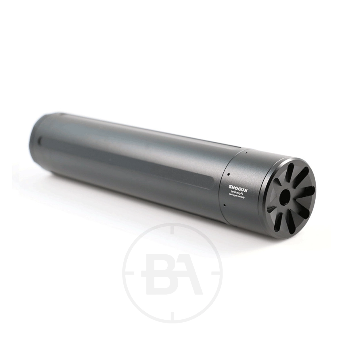 DonnyFL Shogun 1/2"x20 UNF Silencer 1 A matt black DonnyFL Shogun 1/2"x20 UNF Silencer, featuring "Advanced Armament" labelling, is shown on a white background with a faint circular BA logo underneath.