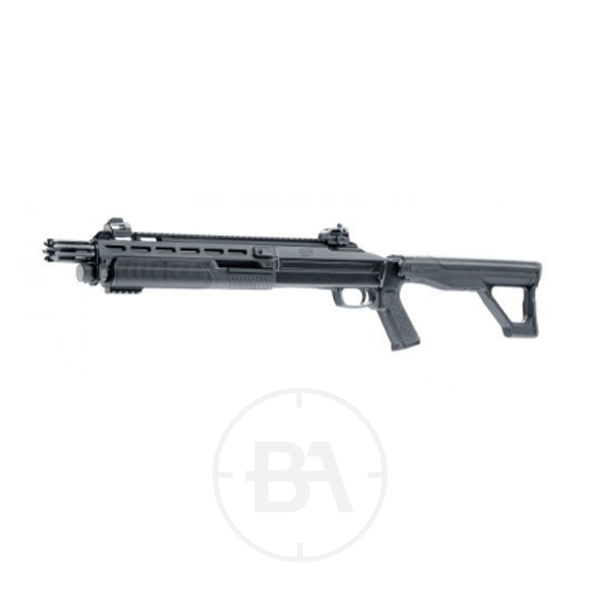 Umarex T4E HDX 68 C02 Pump Action Shotgun Paintball Marker 5 The Umarex T4E HDX 68 CO2 Pump Action Paintball Marker in black features a pistol grip, adjustable stock, and rail-mounted sights, displayed on a white background.