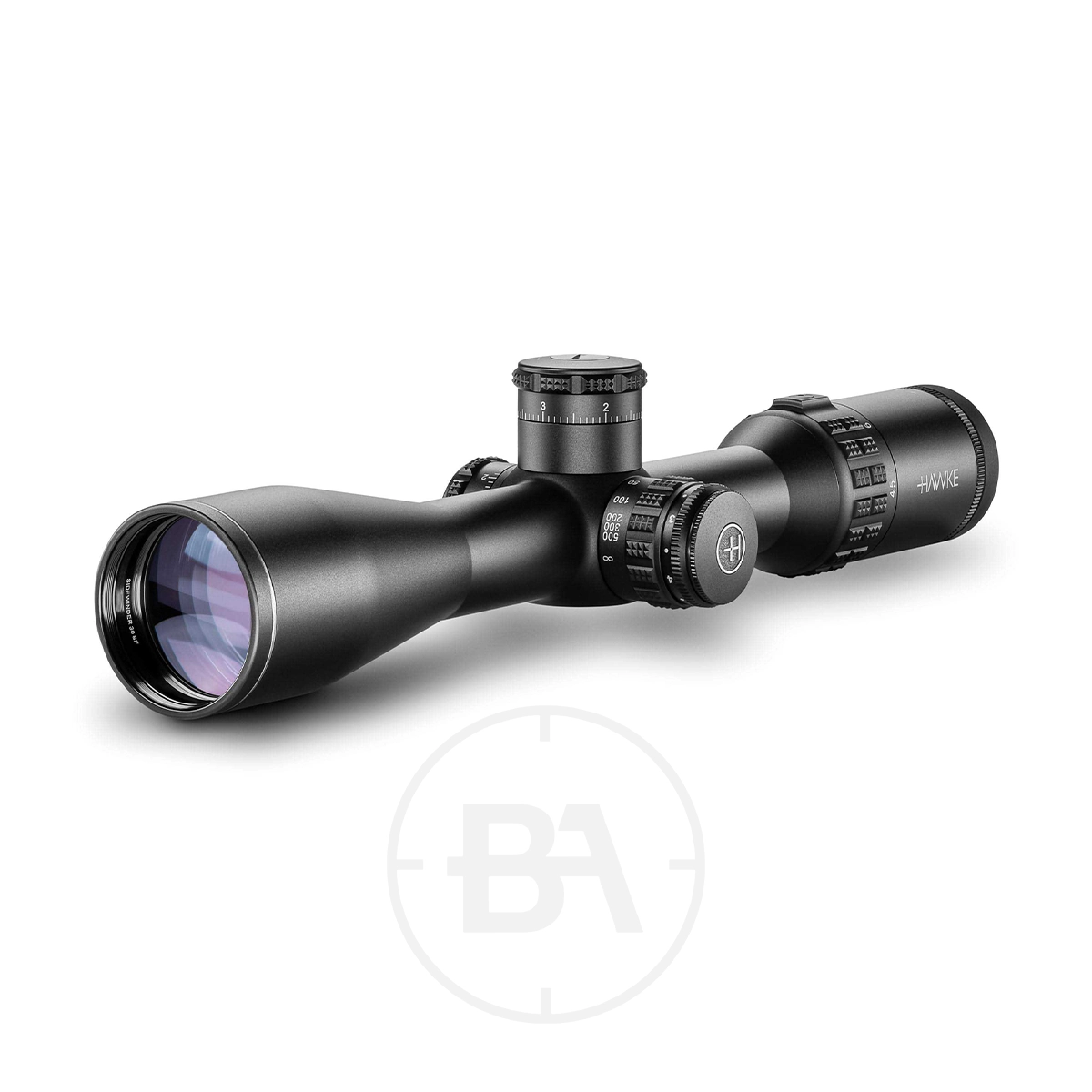 Hawke Sidewinder 30 SFP 4.5-14x44 10x Half Mil Rifle Scope 1 A black Hawke Sidewinder 30 SFP 4.5-14x44 10x Half Mil Rifle Scope with adjustment dials and dual lenses is shown angled on a white background. The "Hawke" name appears, along with a faint logo watermark underneath.