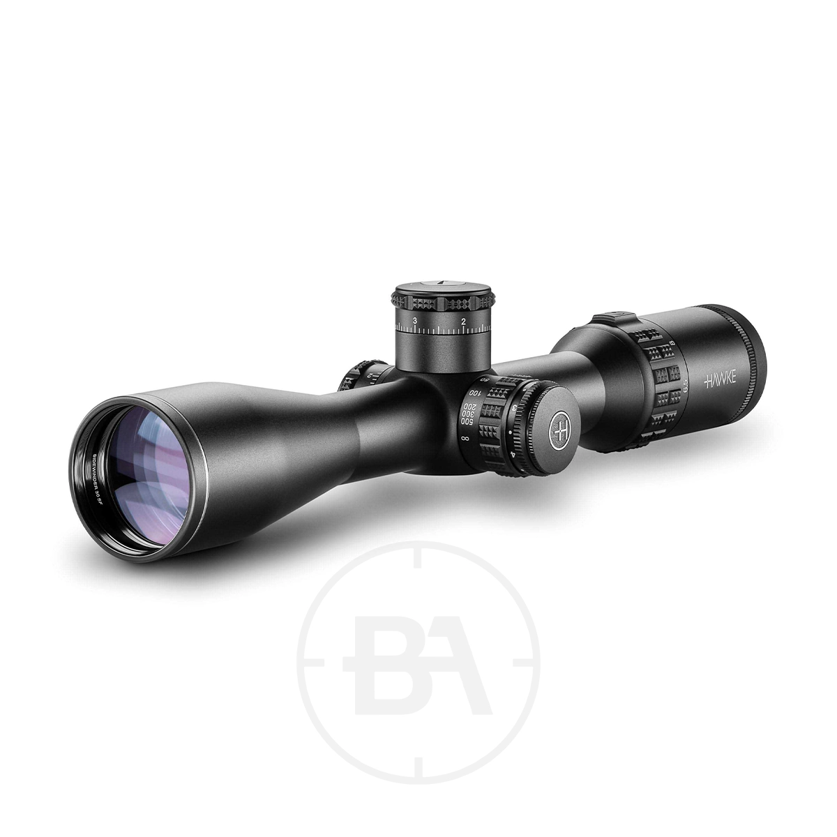 Hawke Sidewinder 30 SFP 6.5-20x44 20x Half Mil Rifle Scope 1 A Hawke Sidewinder 30 SFP 6.5-20x44 20x Half Mil Rifle Scope with adjustment knobs, focus ring, matte finish, and tinted lens. Branding and logo are visible on the tube and turret caps against a white background.