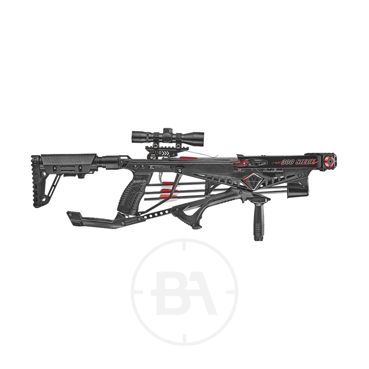 EK Archery Seige Compound Crossbow Package With Scope 1 The EK Archery Seige Compound Crossbow Package With Red Dot features a modern black design with a mounted red dot scope, vertical foregrip, adjustable stock, and red accents.