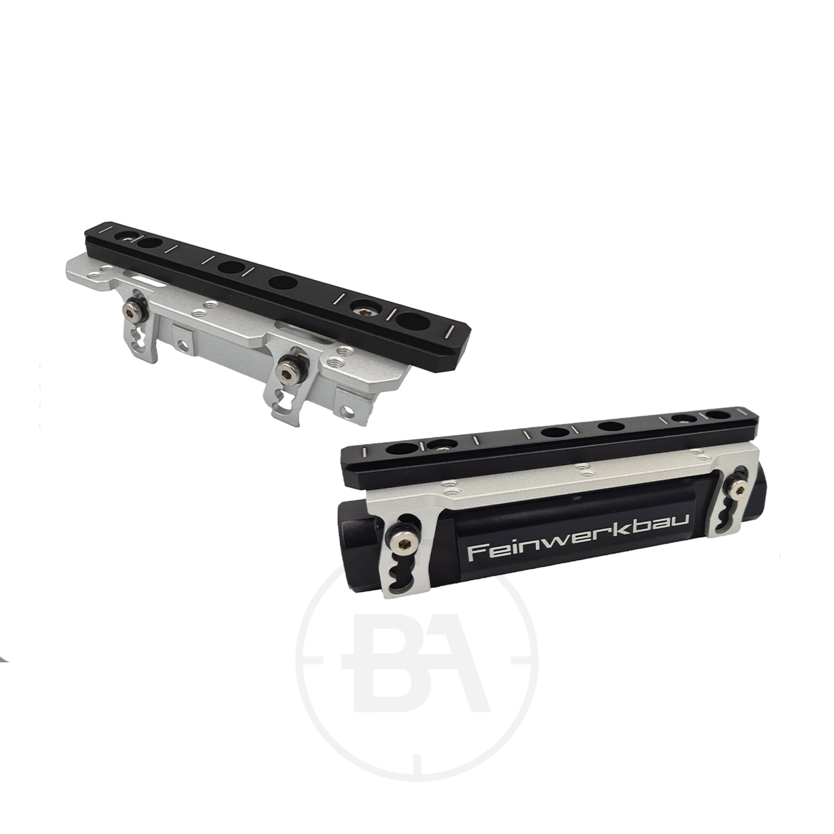 Feinwerkbau Vario Front & Rear Sight Mount Upgrade 1 Silver and black Feinwerkbau Vario Sight Mount Upgrade for rifles shown against a white background, ideal for mounting enhancements.
