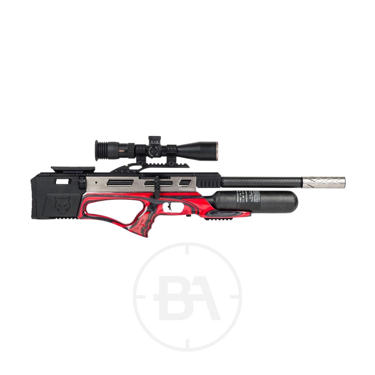Daystate Alpha Wolf PCP Air Rifle 3 A sleek PCP Air Rifle, the Daystate Alpha Wolf, showcases a modern design with a red and black stock, complemented by a black air cylinder and a silver barrel. Its precision scope sits elegantly on this masterpiece, positioned against a pristine white backdrop.