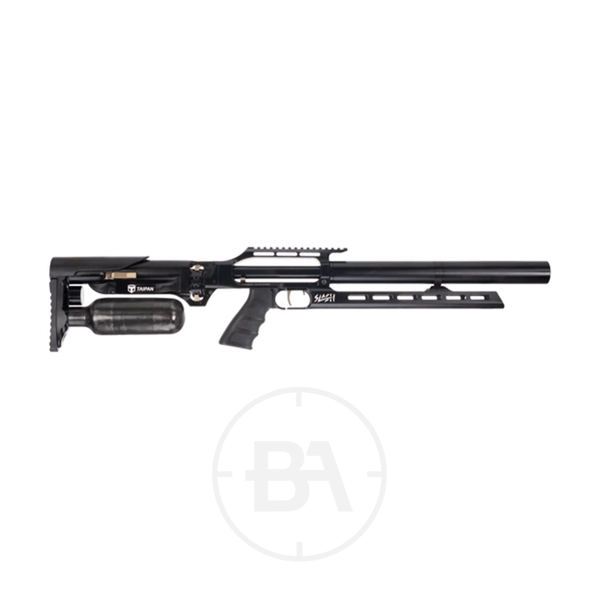 Taipan Slash PCP Air Rifle 1 Side view of a black .177 air rifle with a 420mm barrel, adjustable stock, pistol grip, and attached air tank on a white background.