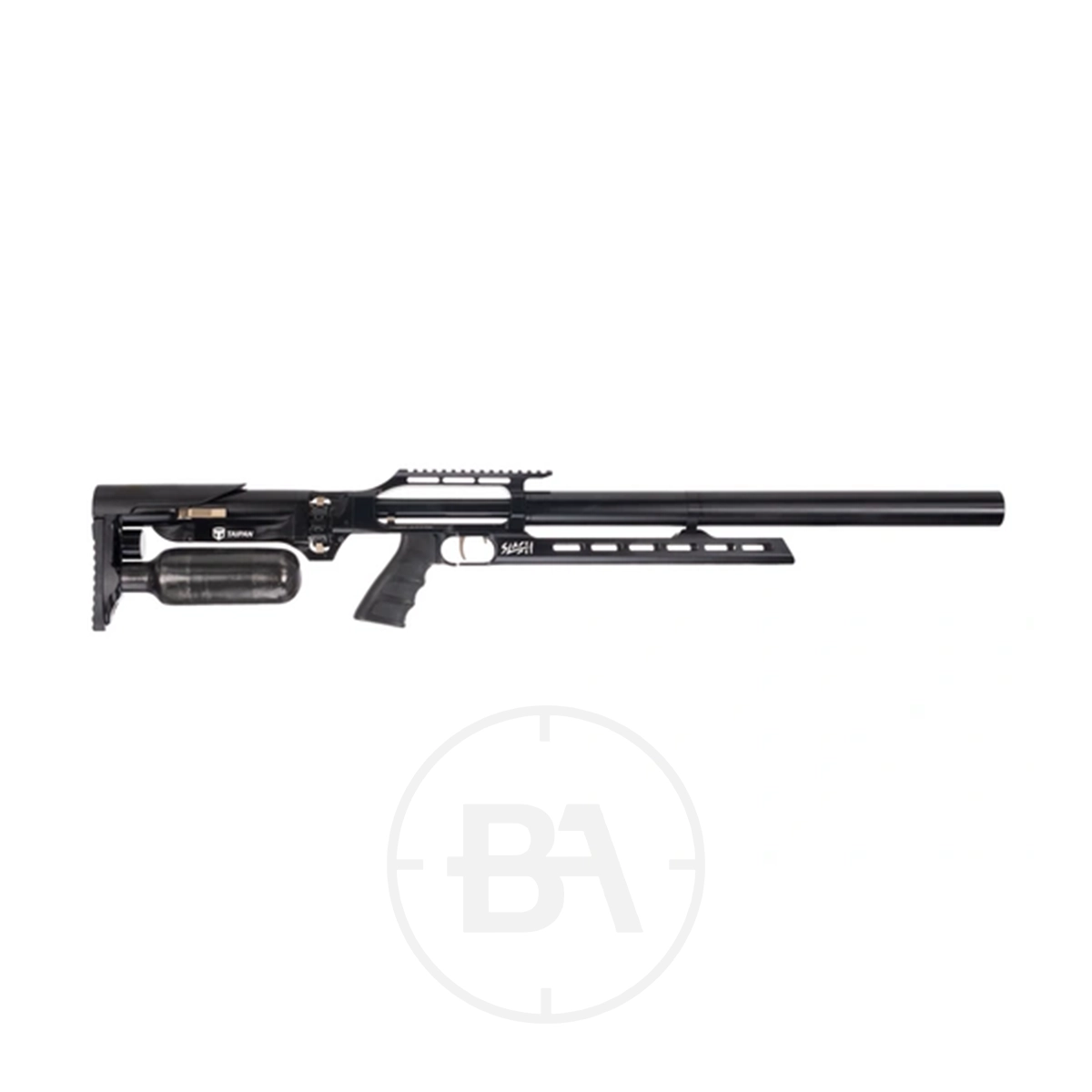 Taipan Slash PCP Air Rifle 3 A black pre-charged pneumatic air rifle with a 550mm barrel, adjustable stock, pistol grip, and exposed air tank beneath the barrel. Available in .177 caliber for precise performance.