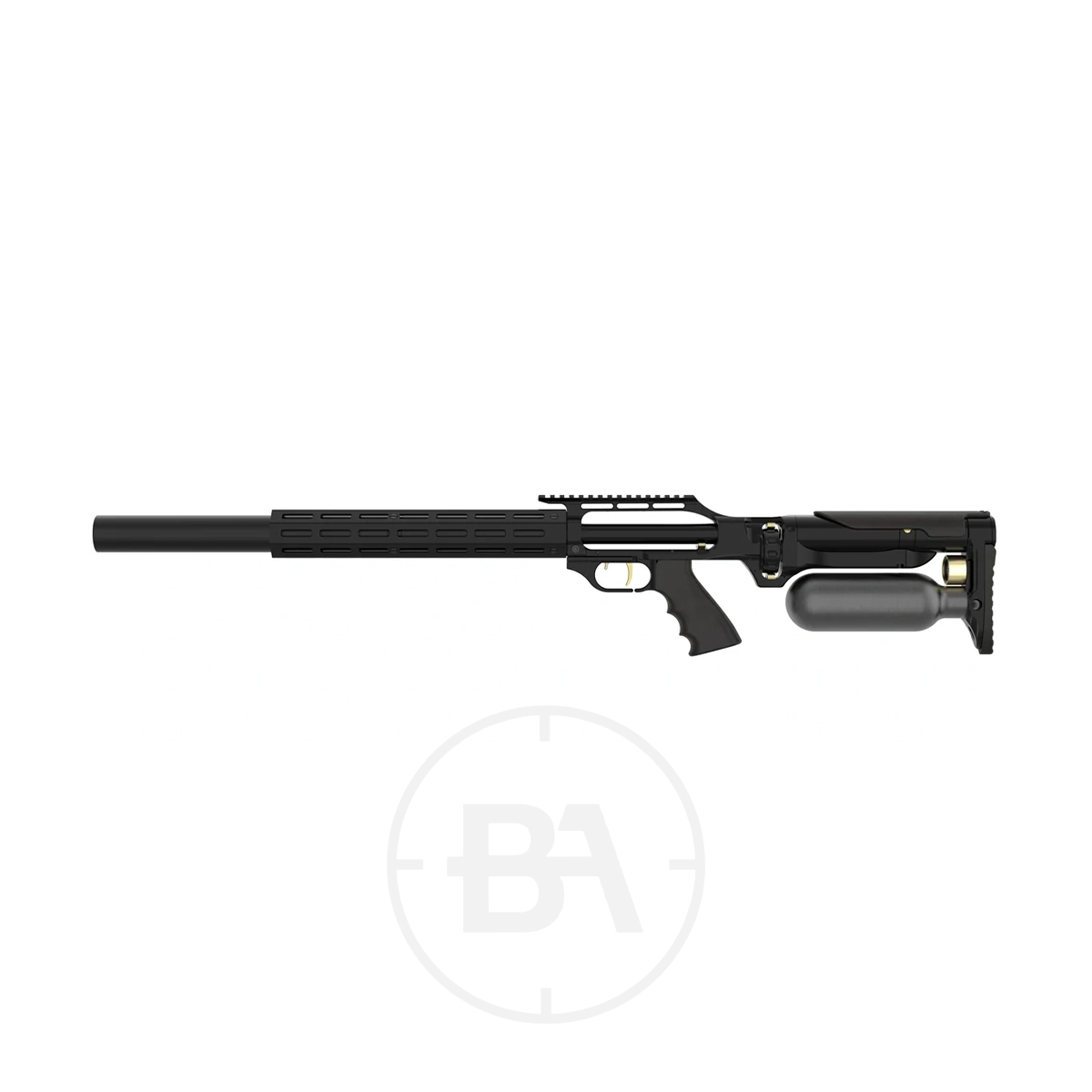 Taipan Slash Tactical Regulated PCP Air Rifle 3 The Taipan Slash Tactical PCP Air Rifle in black features a long barrel, tactical stock, and an air cylinder below its adjustable shoulder pad, shown on a white background.