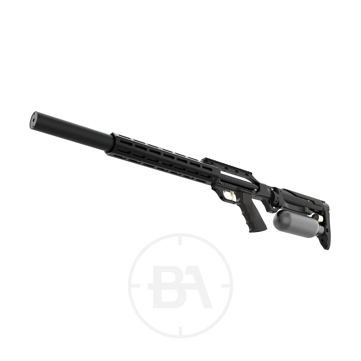 Taipan Slash Tactical Regulated PCP Air Rifle 4 The Taipan Slash Tactical PCP Air Rifle features a black finish, long barrel, attached silencer, tactical rail, adjustable stock, and a large air cylinder beneath the rear section, shown against a white background.