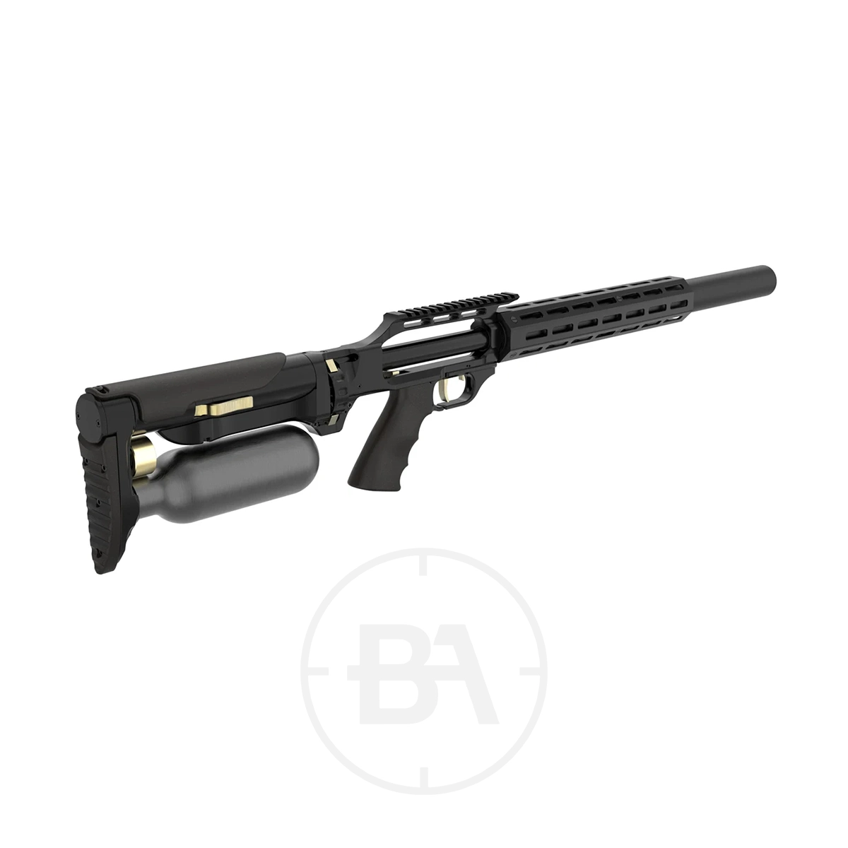 Taipan Slash Tactical Regulated PCP Air Rifle 5 The Taipan Slash Tactical PCP Air Rifle, featuring a long barrel, attached air tank, and tactical stock in black and silver, is shown against a white background.