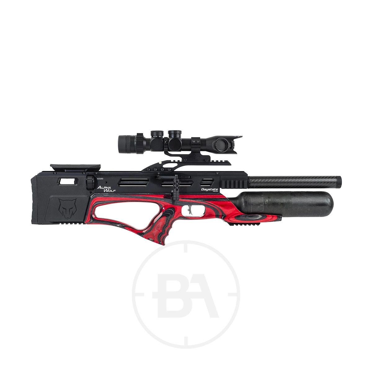 Daystate Alpha Wolf PCP Air Rifle 1 A sleek black and red Daystate air rifle with a mounted scope sits poised against a white background, showcasing the precision of the Alpha Wolf PCP Air Rifle.